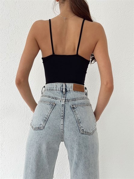 Fermuar Detay İp Askı Bodysuit Siyah