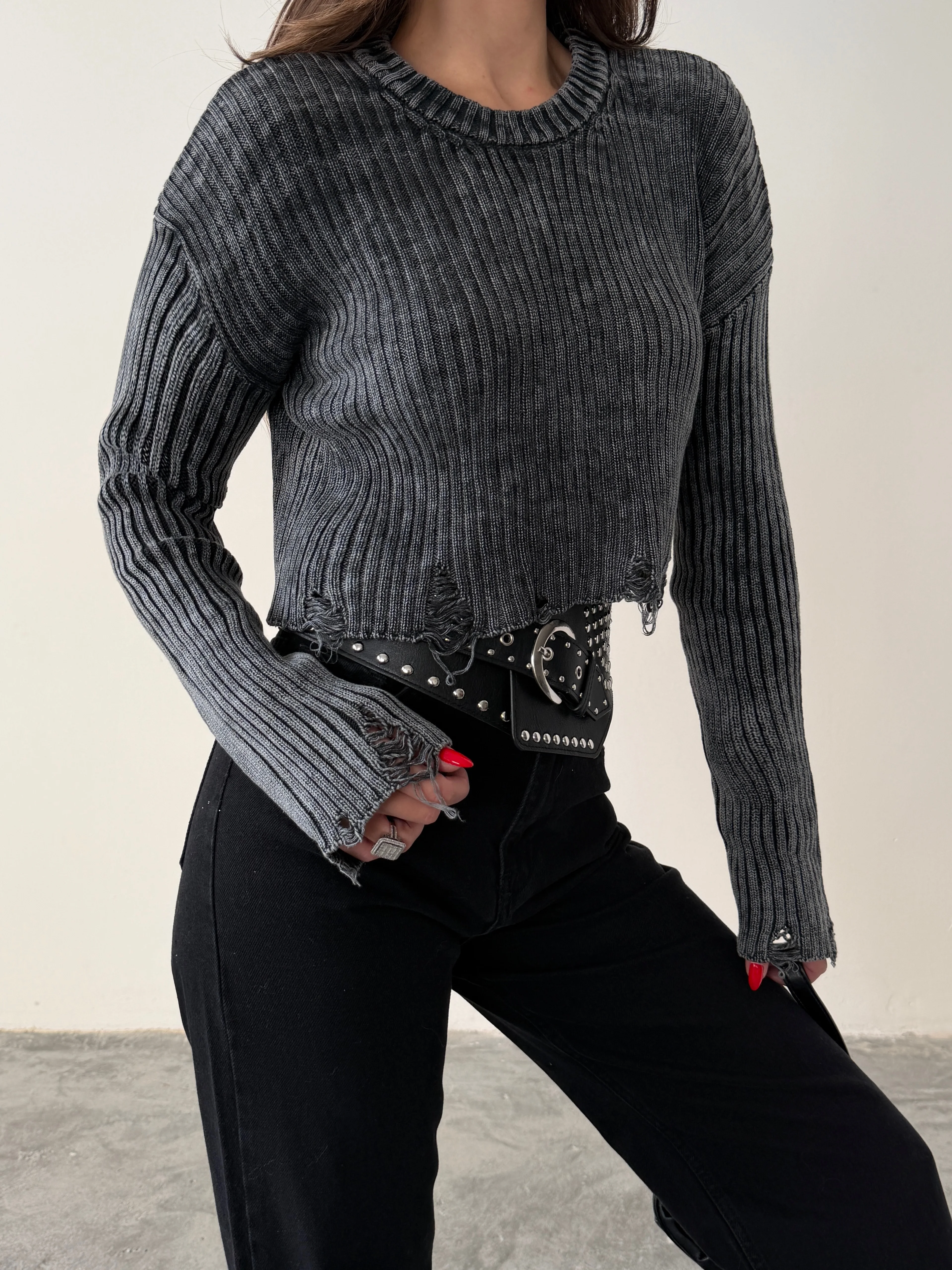 Yırtık Detay Crop Triko  - Gri