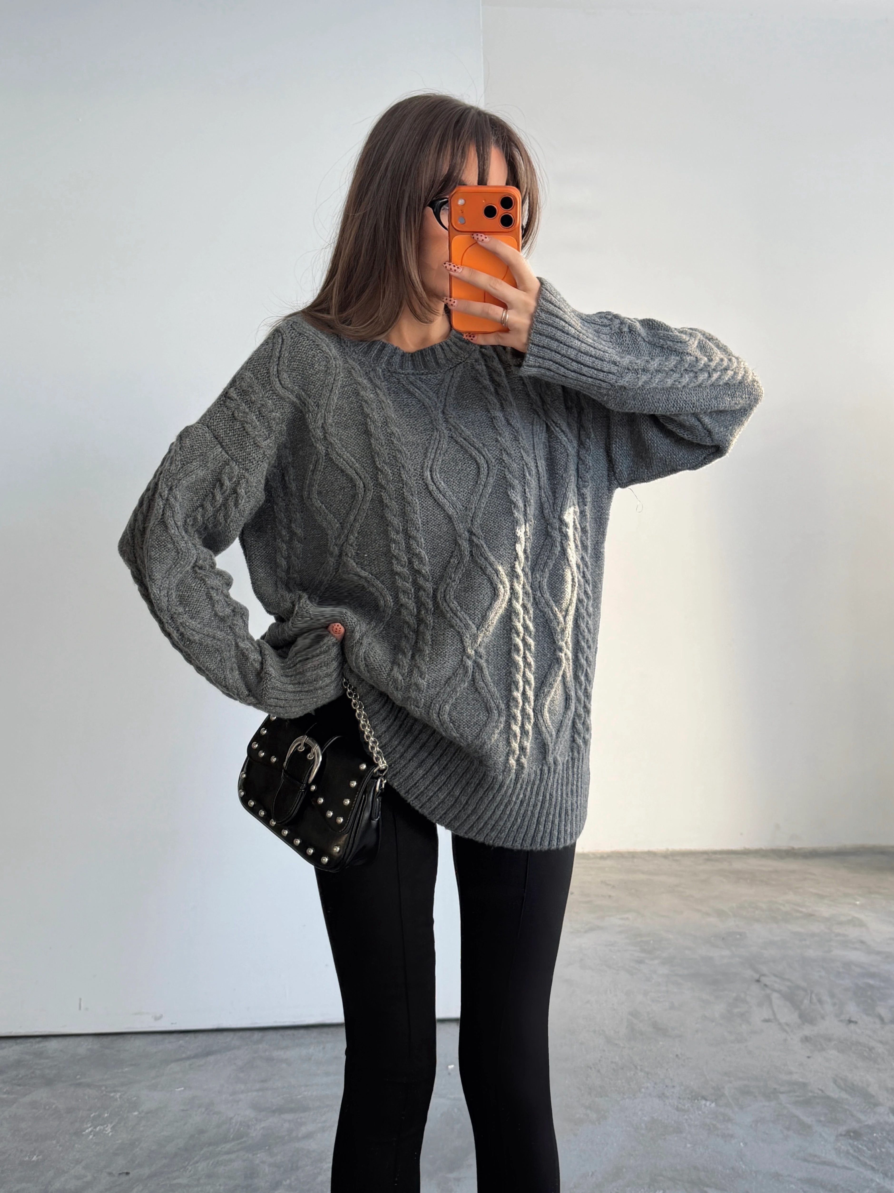 Saç Örgü Desenli Yıkamalı Triko - Antrasit