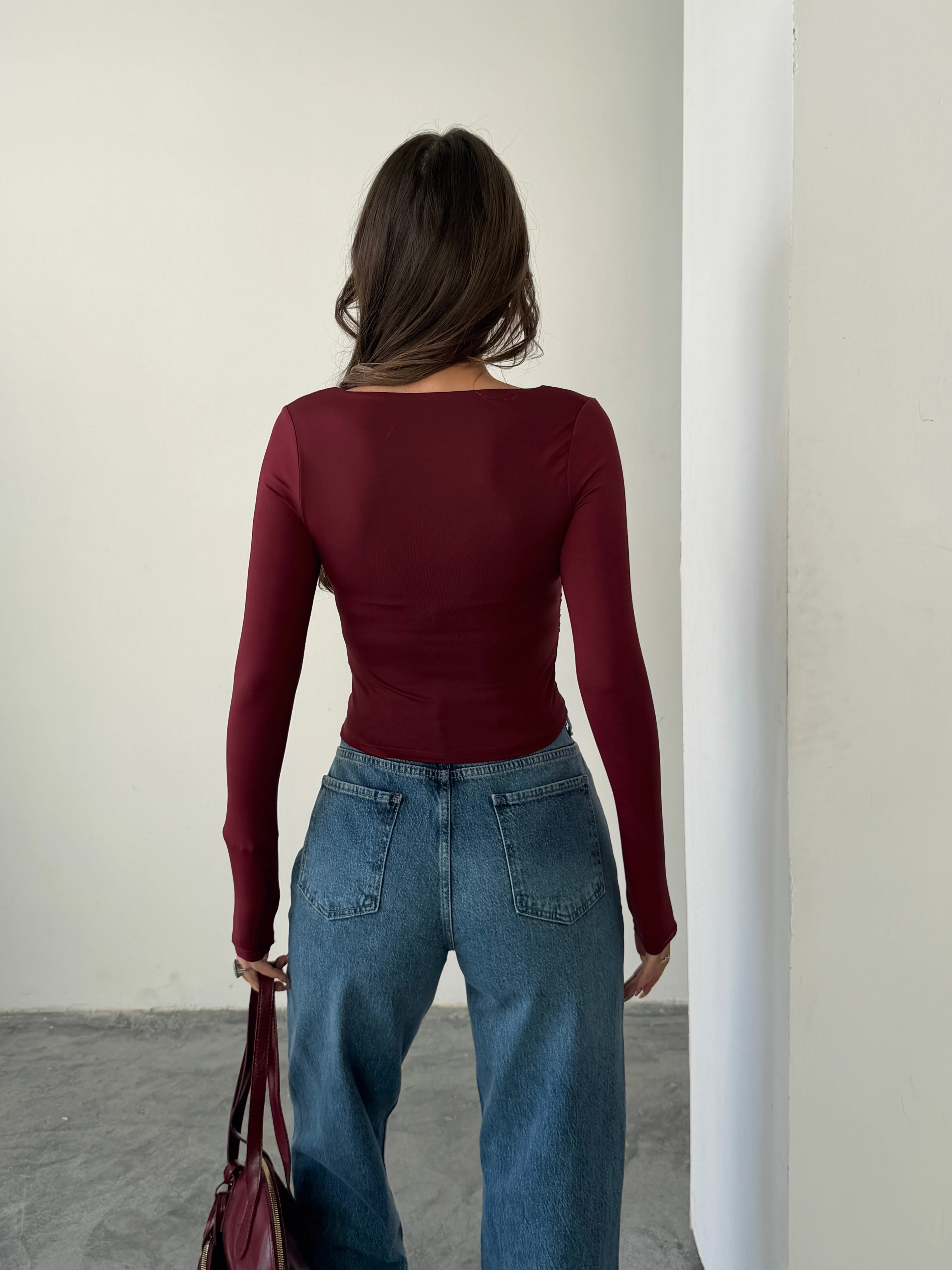 U Yaka Yan Büzgü Bluz - Mürdüm