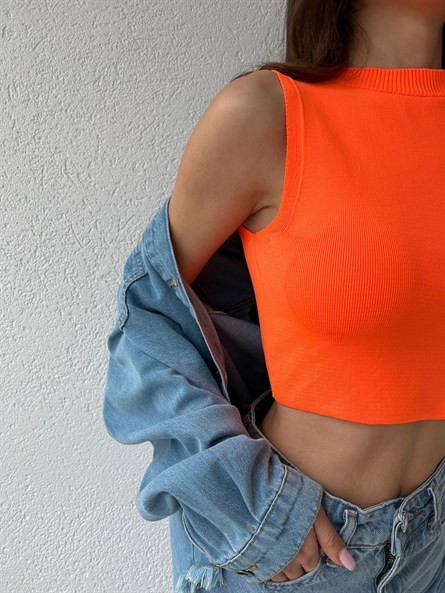Dik Yaka Kolsuz Triko Bluz Oranj
