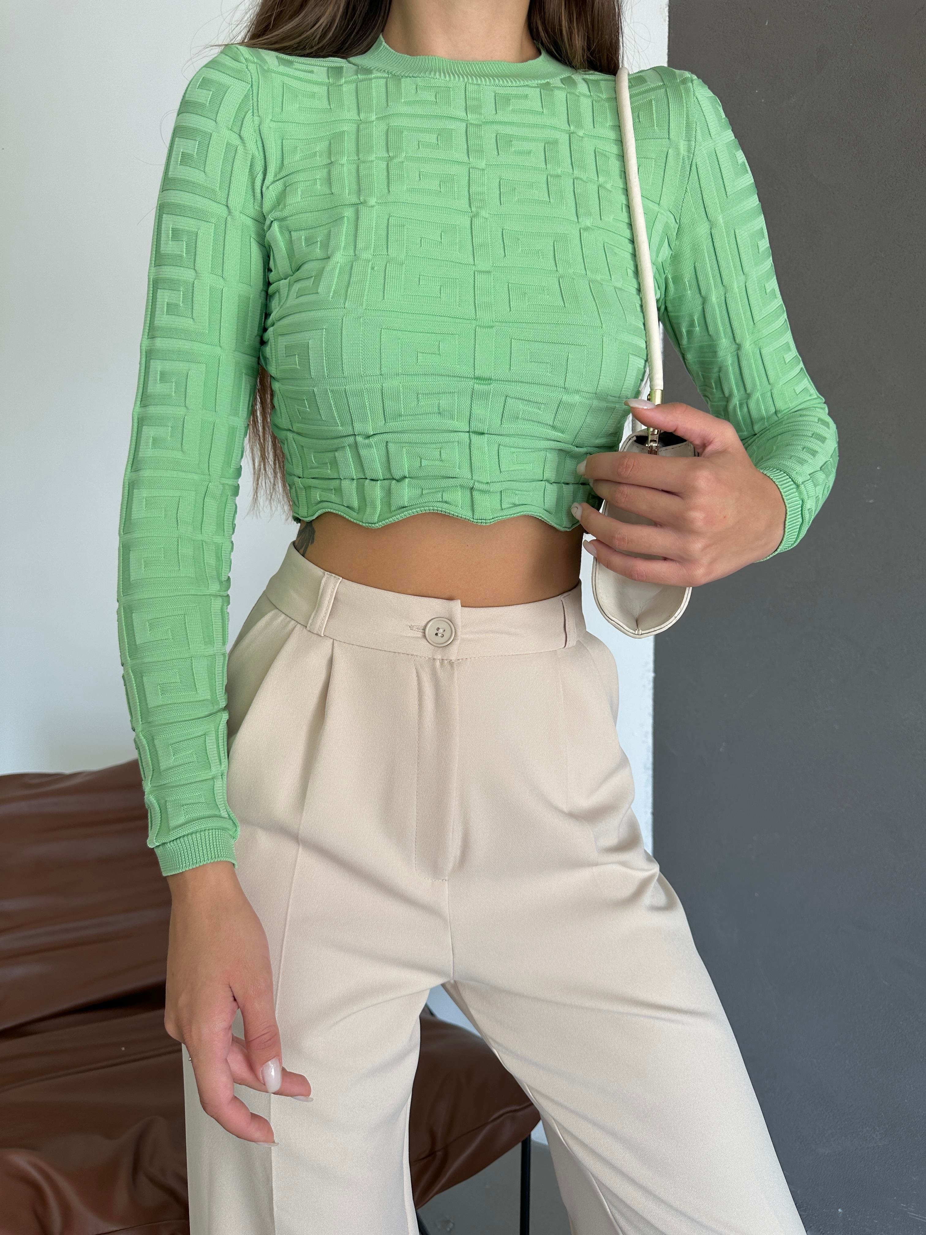 Labirent Desen Crop Triko Kazak Mint