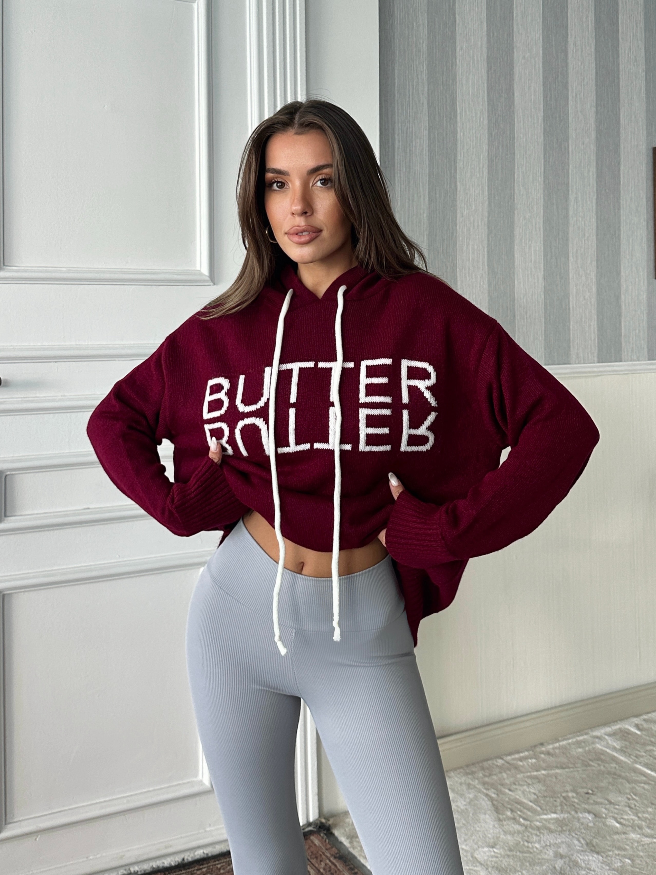 Kapüşonlu Butter Triko - Bordo
