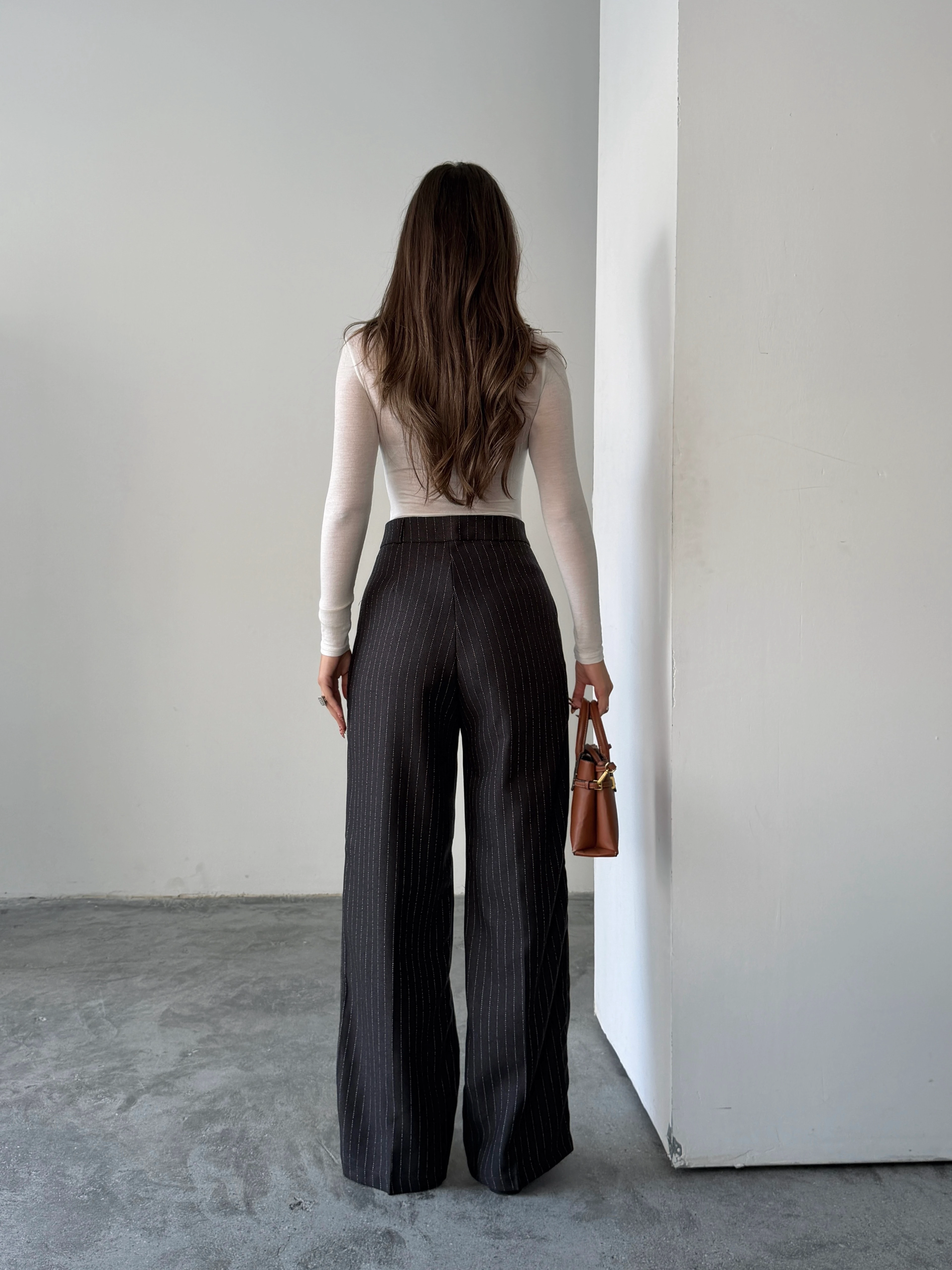 Yünefekt Çizgili Palazzo - Füme