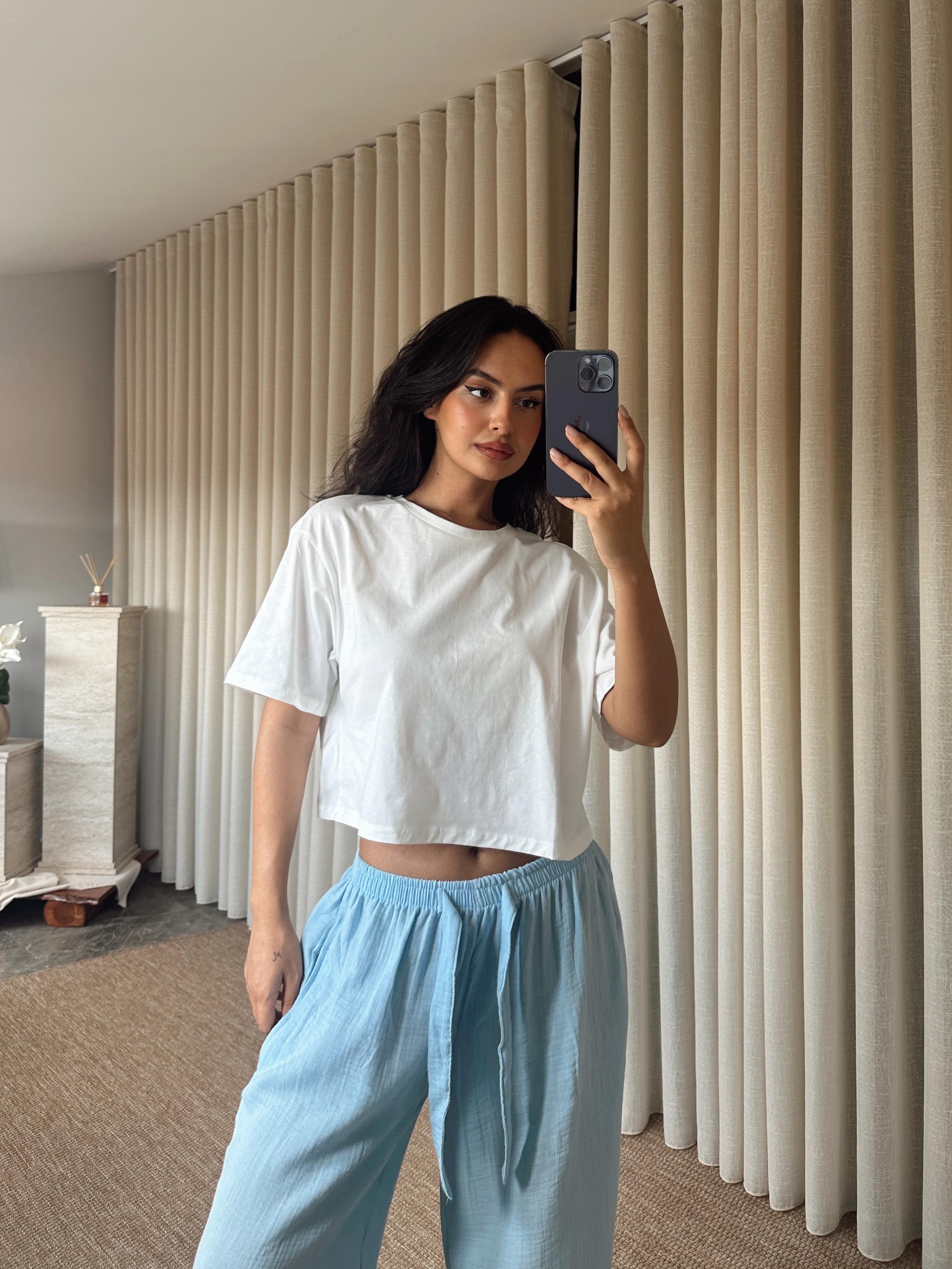 Düz Kısa Kol Crop Basic - Beyaz