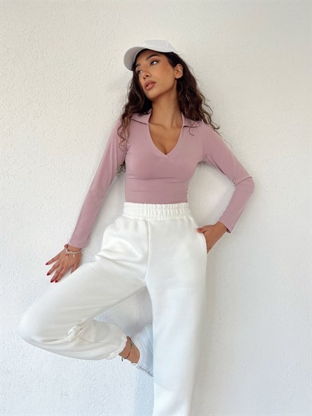 Polo Yaka Sandy Bodysuit Gül Kurusu