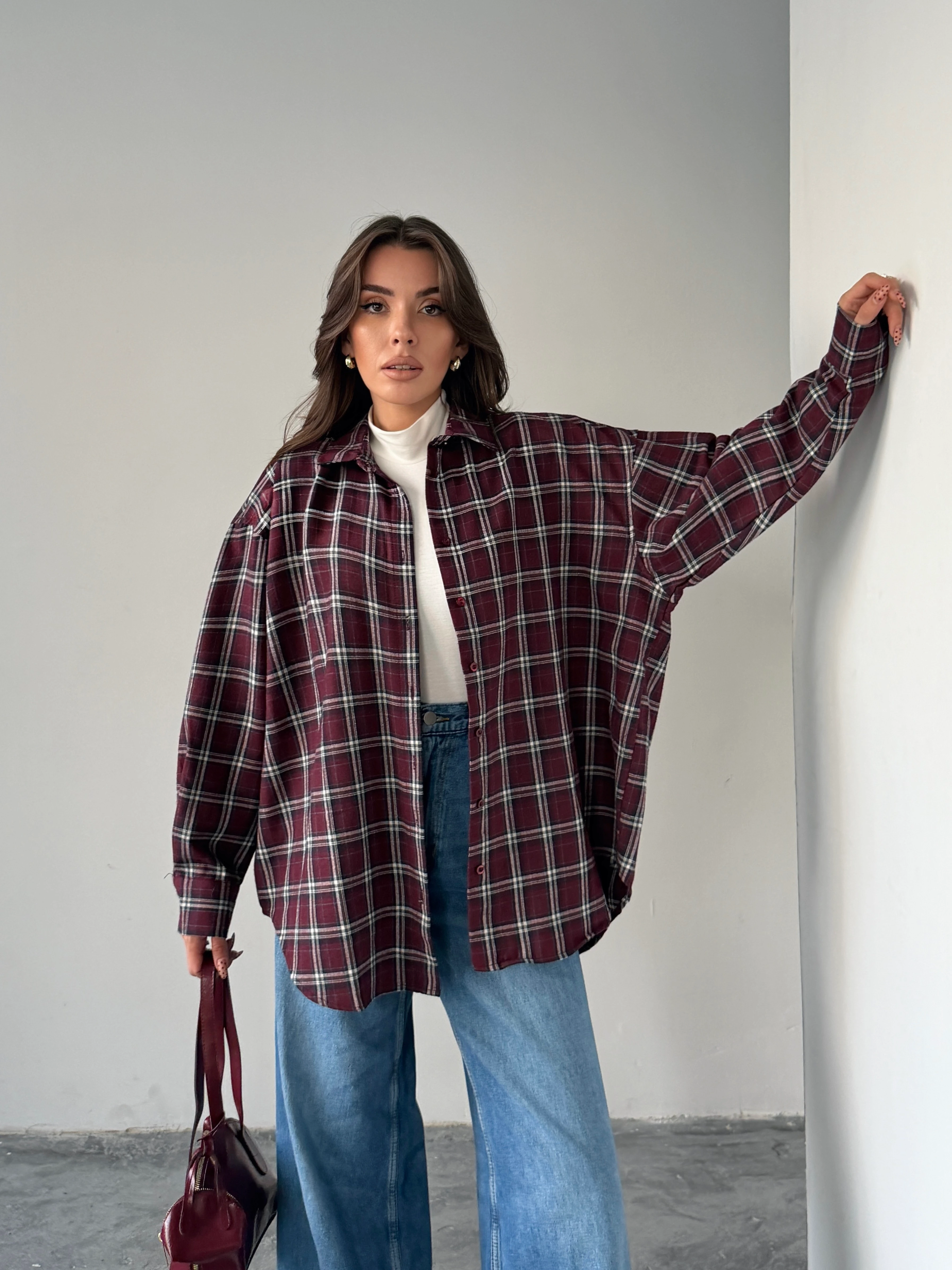 Kareli Oversize Gömlek - Bordo