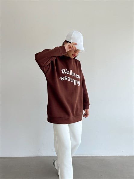 Wellness İşleme Nakışlı Oversize 3 İplik Şardonlu Sweatshirt Kahverengi