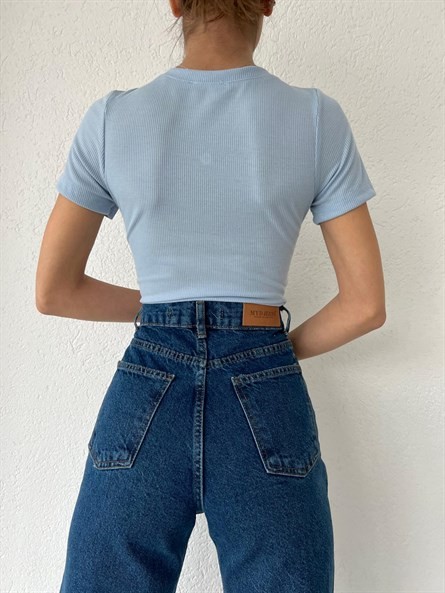 Transparan Korse Detay Basic Bluz Bebe Mavi