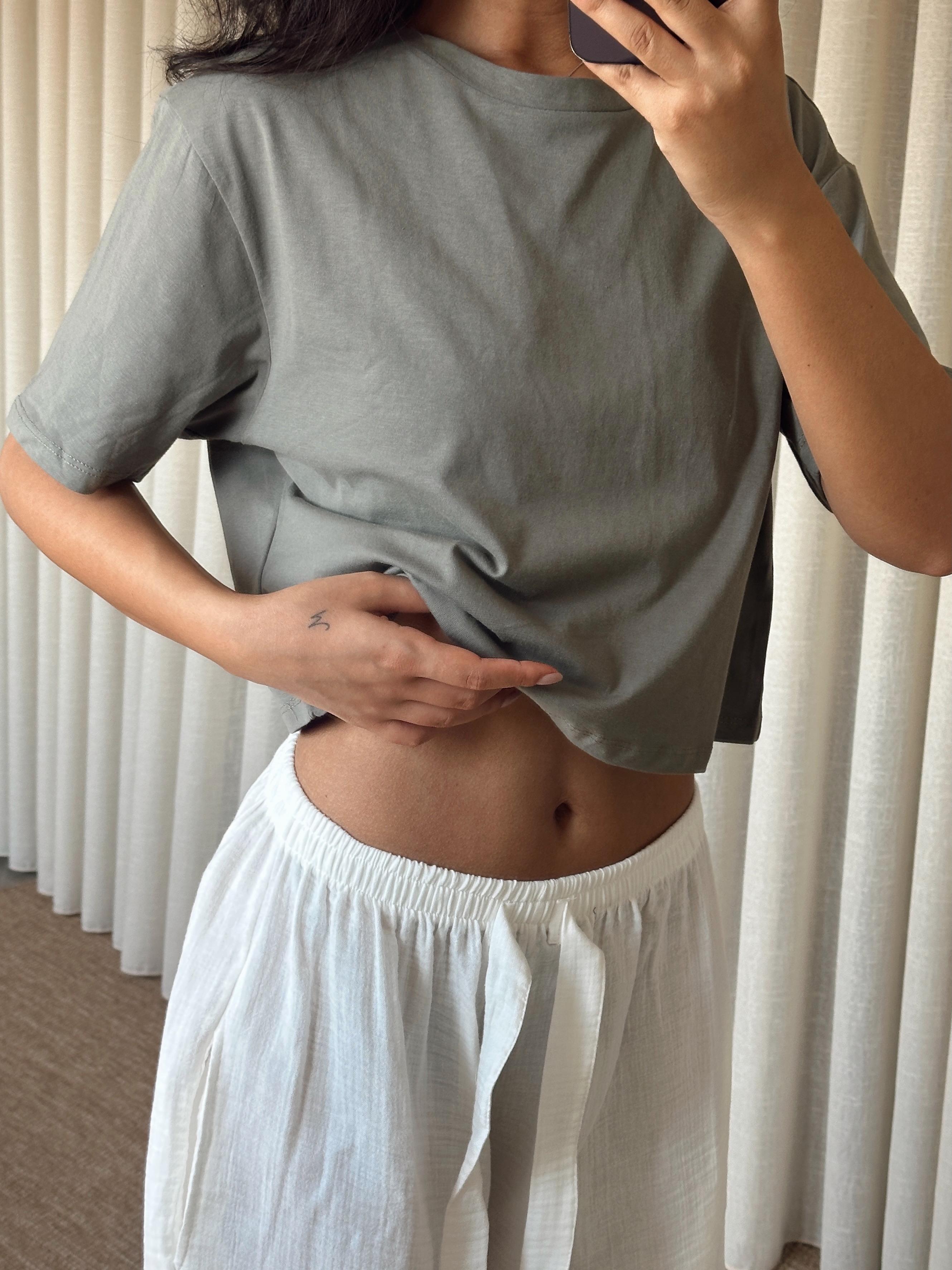 Düz Kısa Kol Crop Basic - Haki