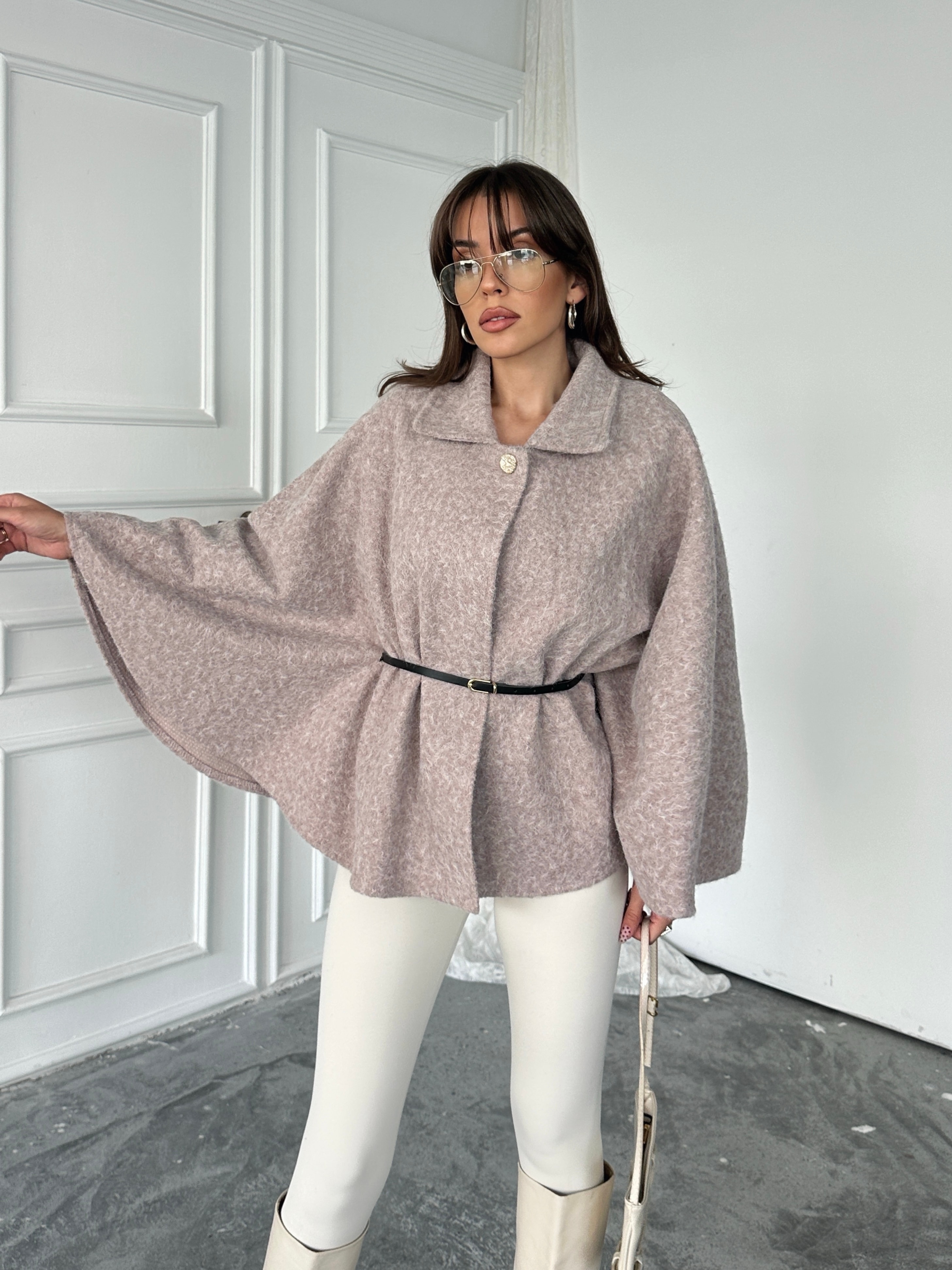 Kırçıllı Kaşe Panço  - Pudra Pembe