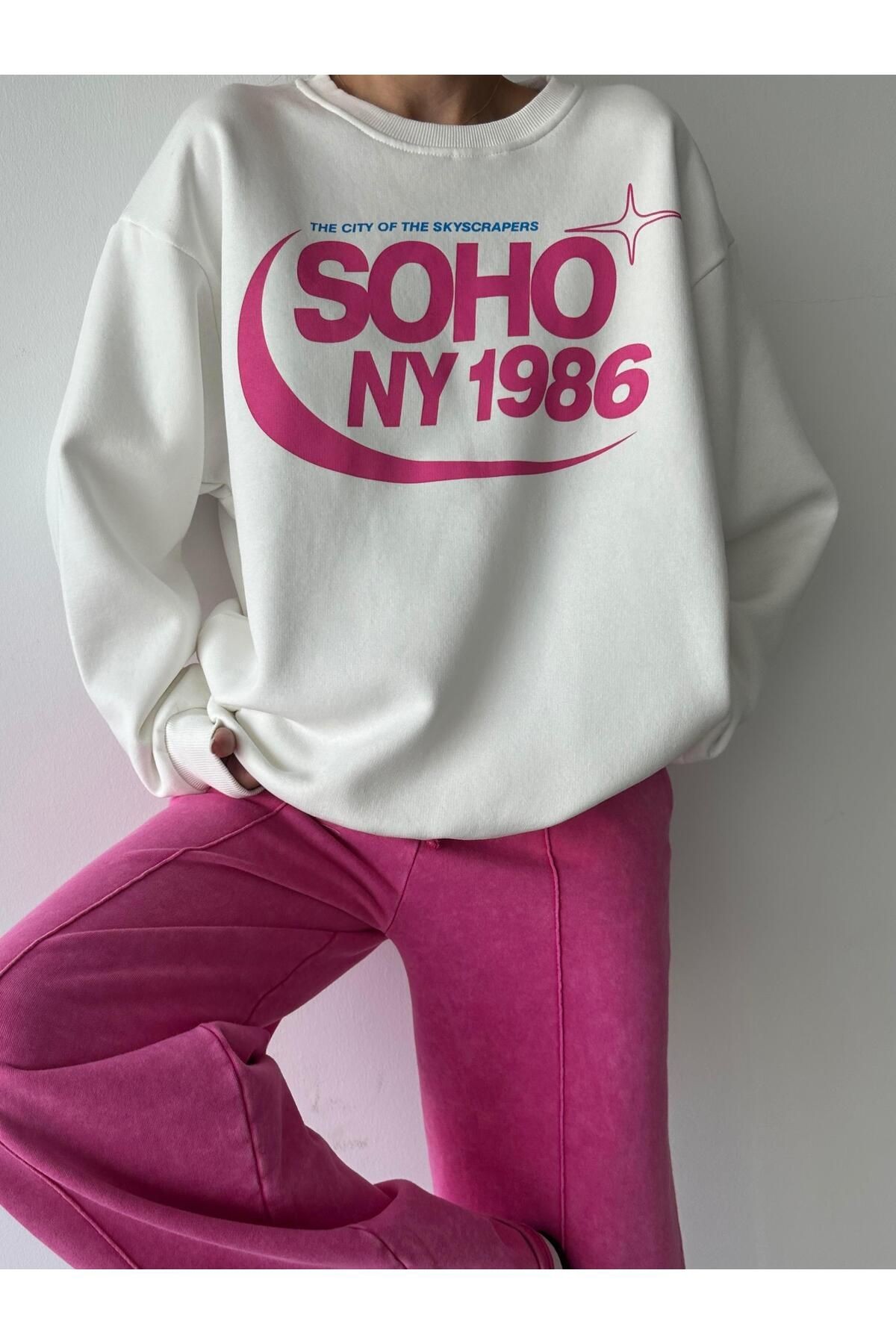 Soho Baskı Bisiklet Yaka Sweat Beyaz