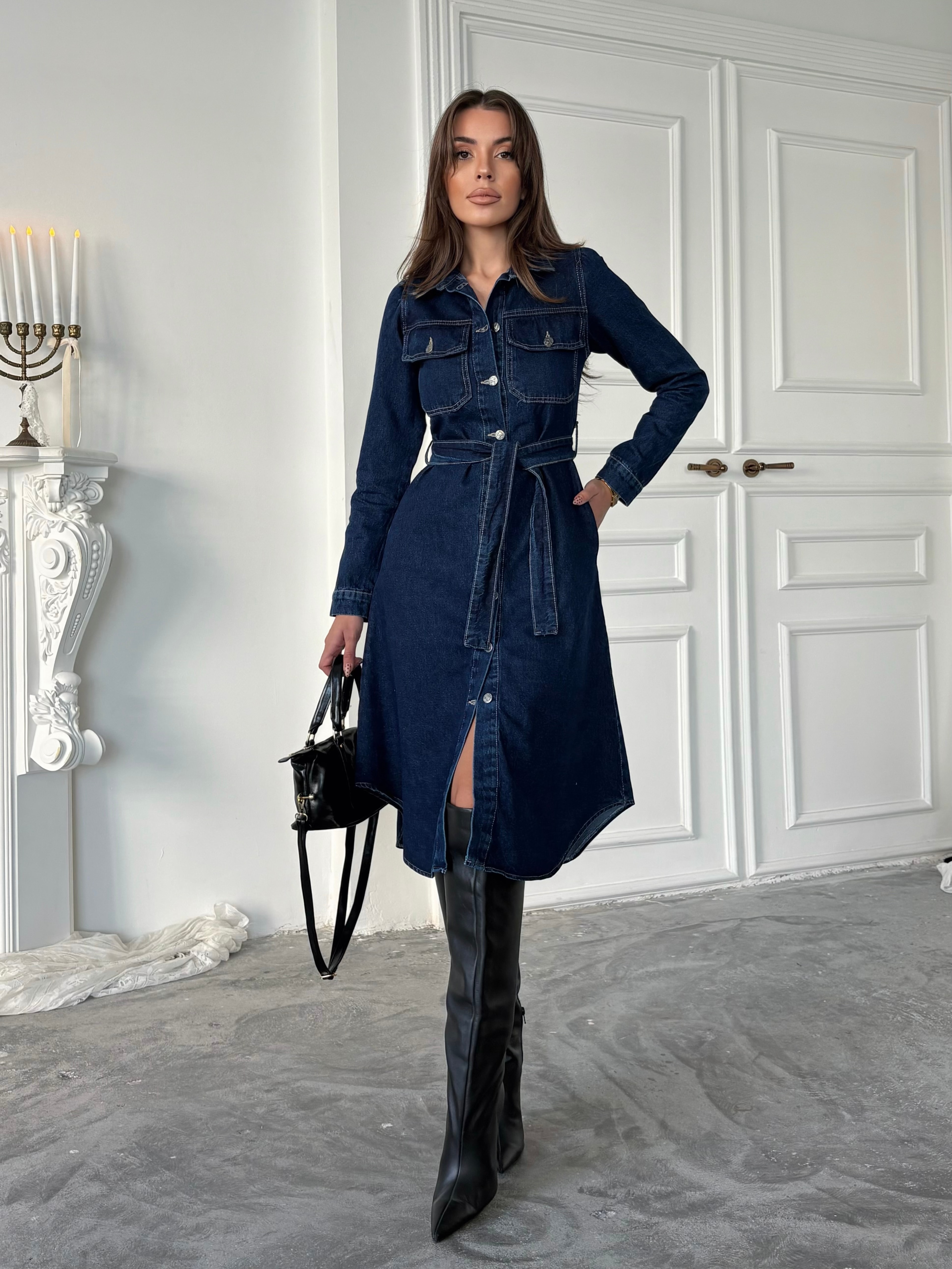 Kuşaklı Denim Elbise - Lacivert