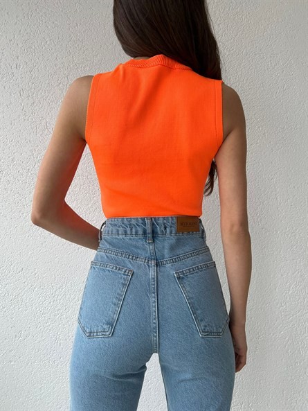 Dik Yaka Kolsuz Triko Bluz Oranj
