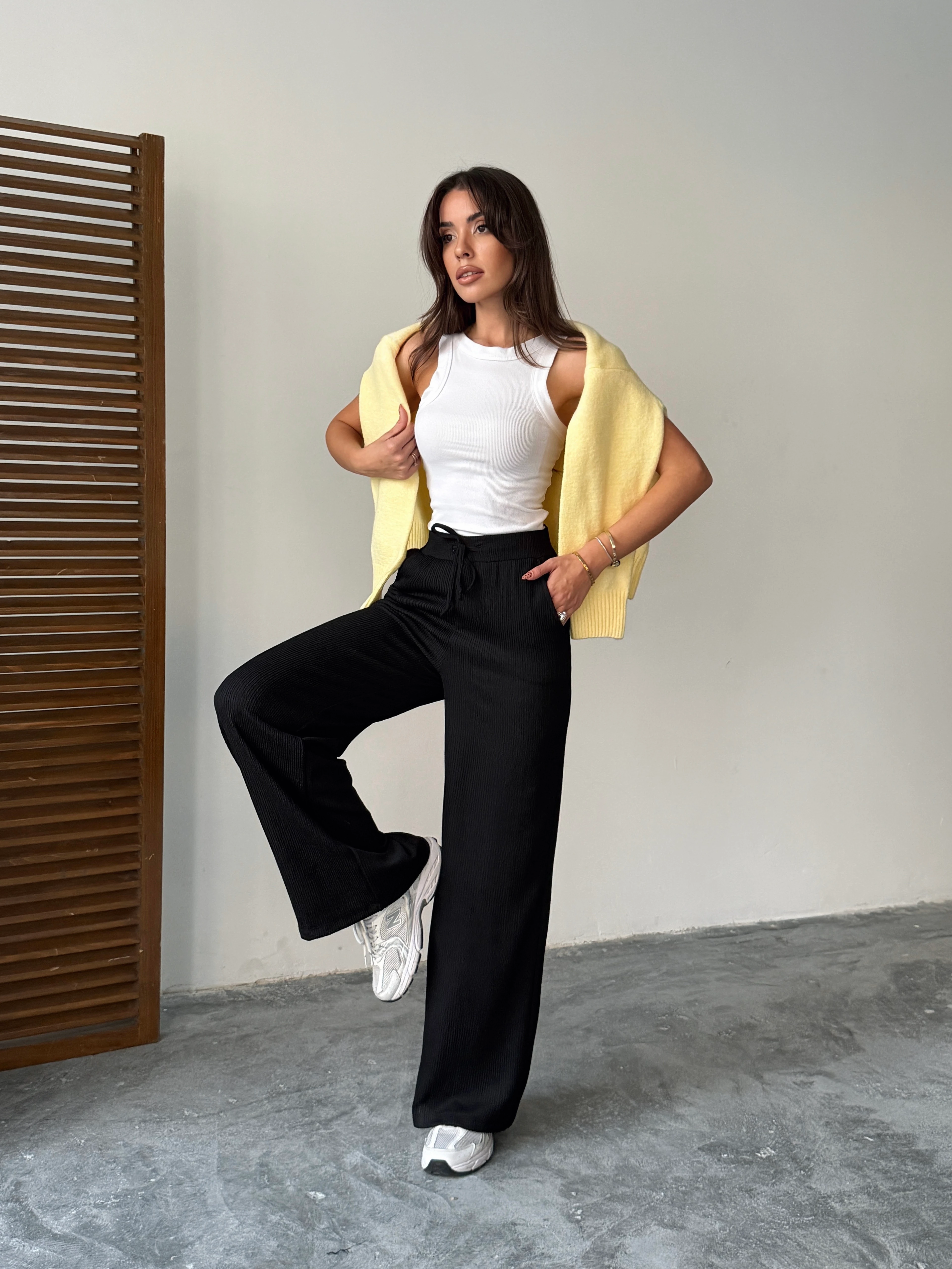 Bel Bağcık Fitilli Pantolon - Siyah