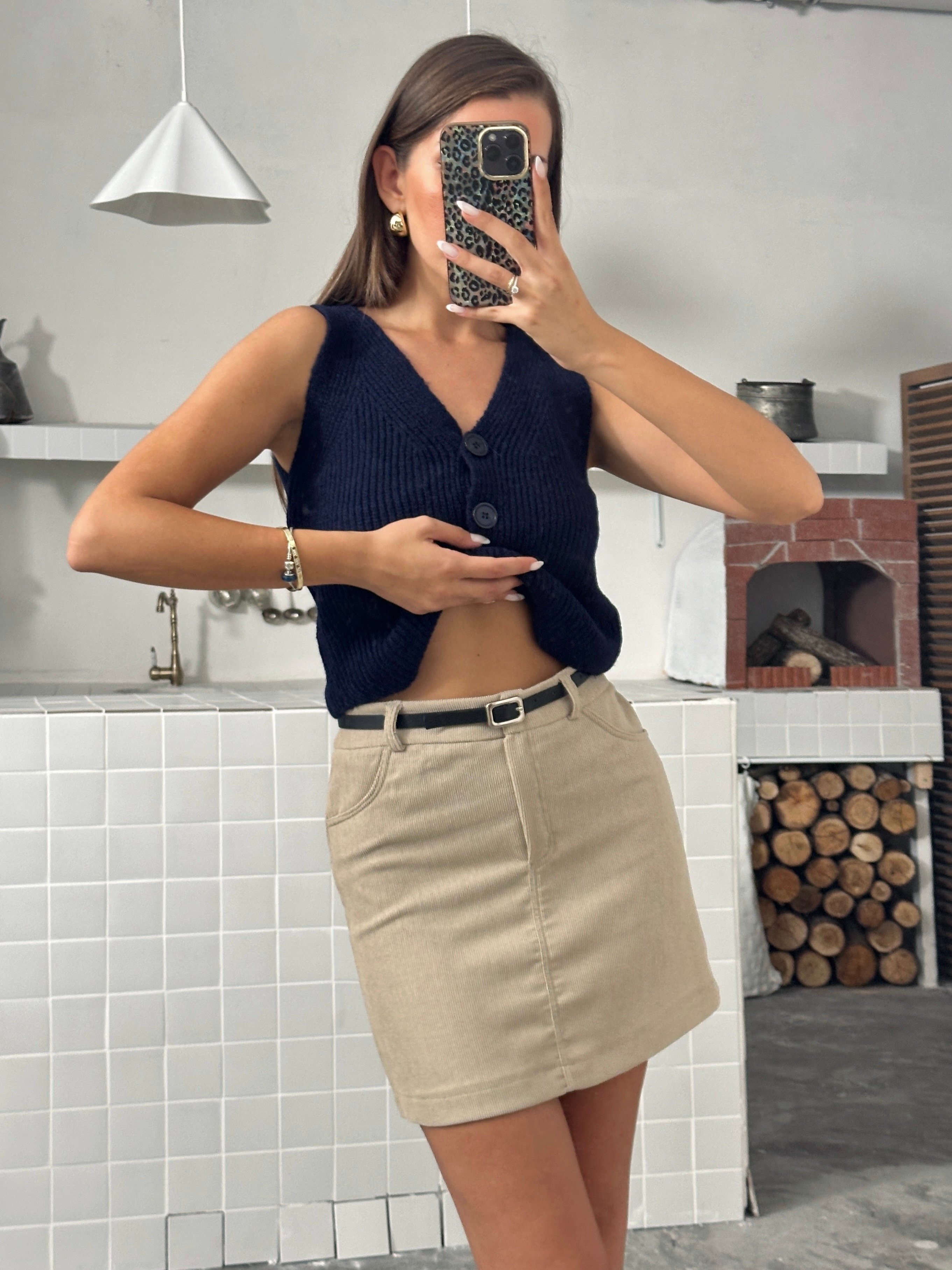 Kemerli Mini Kadife Etek - Vizon