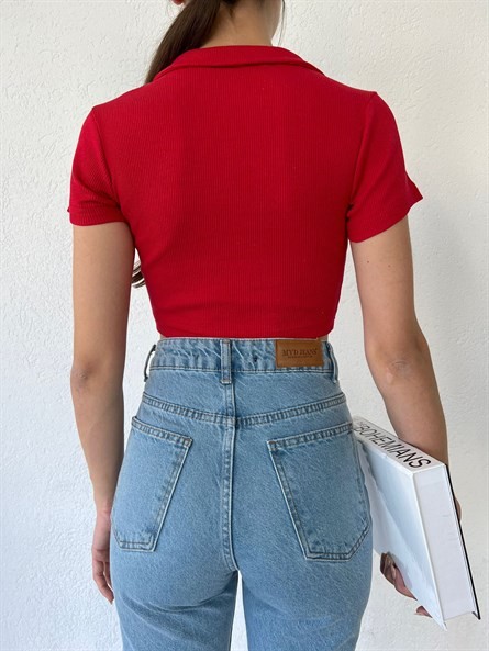 Polo Yaka Kaşkorse Crop Kırmızı