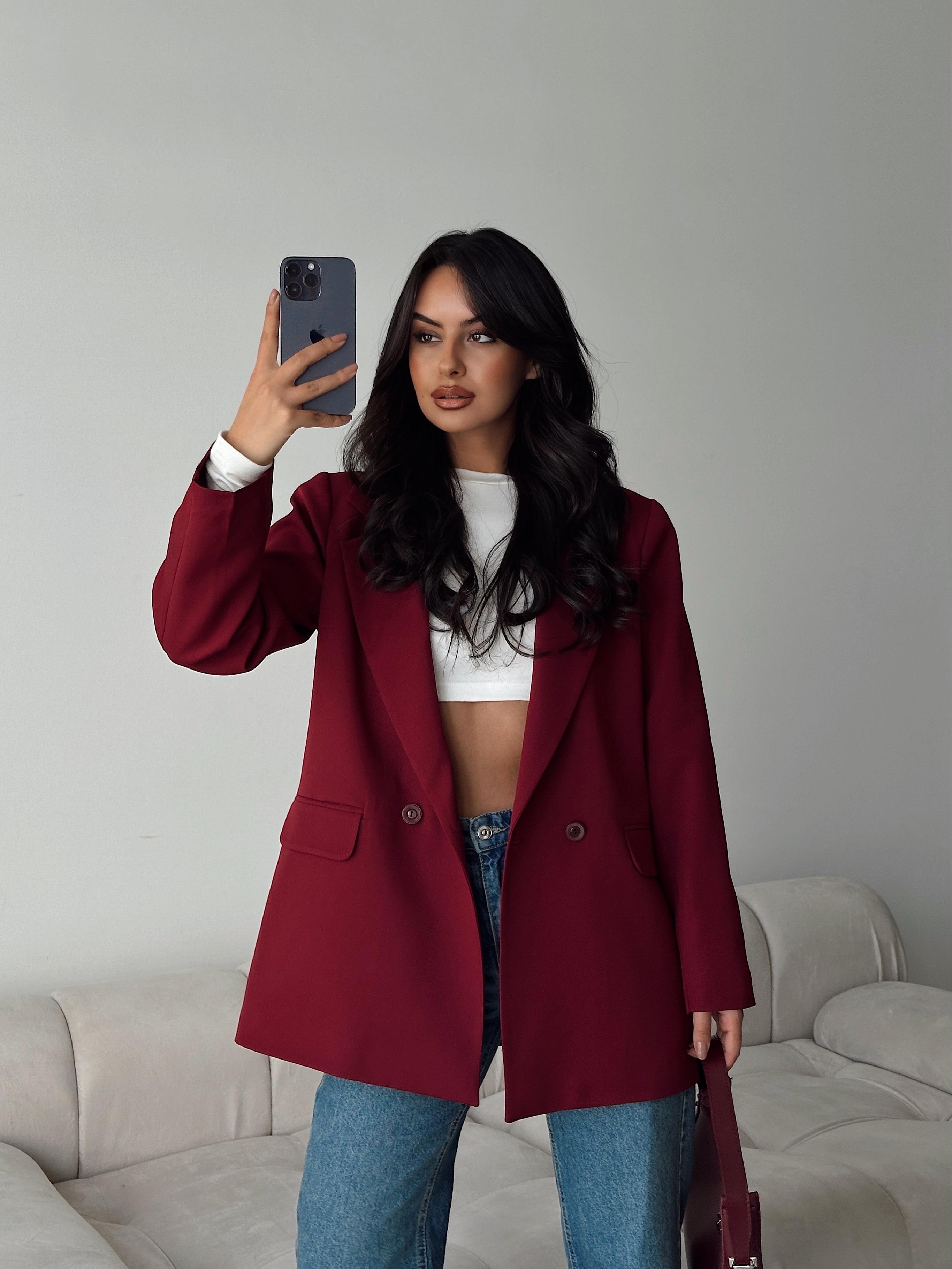 Çift Düğme Blazer Ceket Bordo