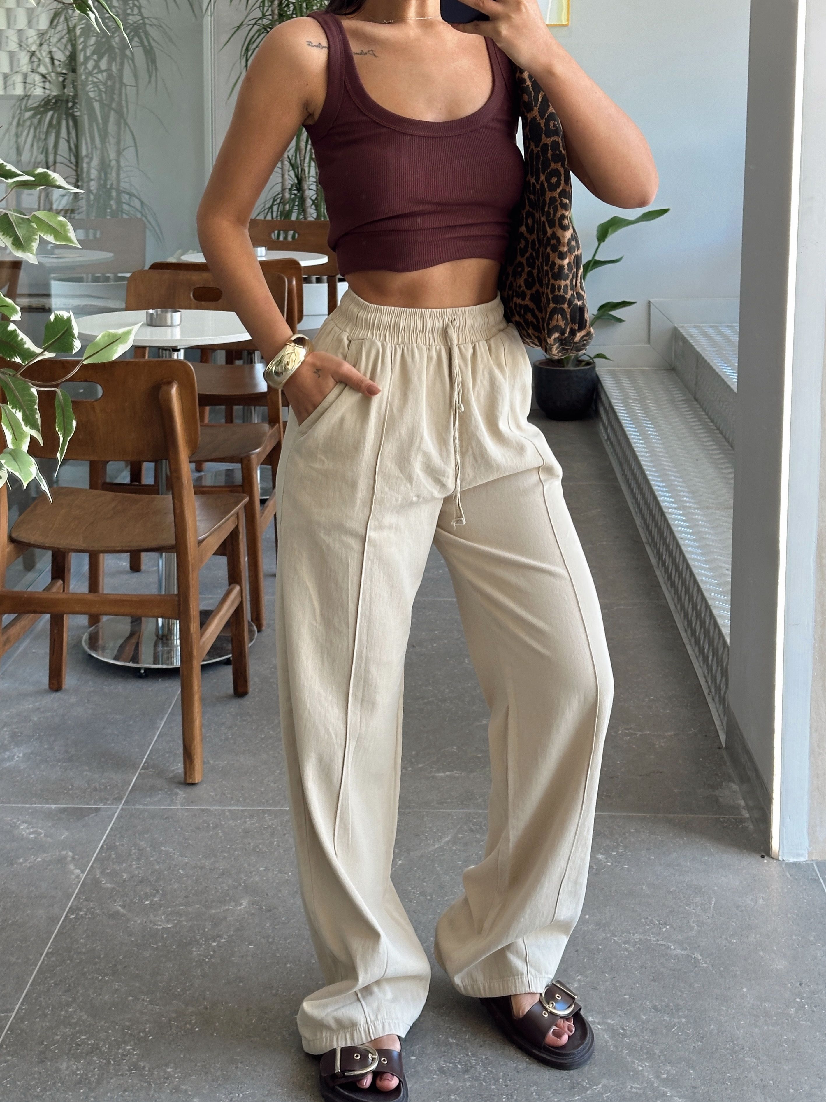 Bağcıklı Gabardin Pantolon - Bej