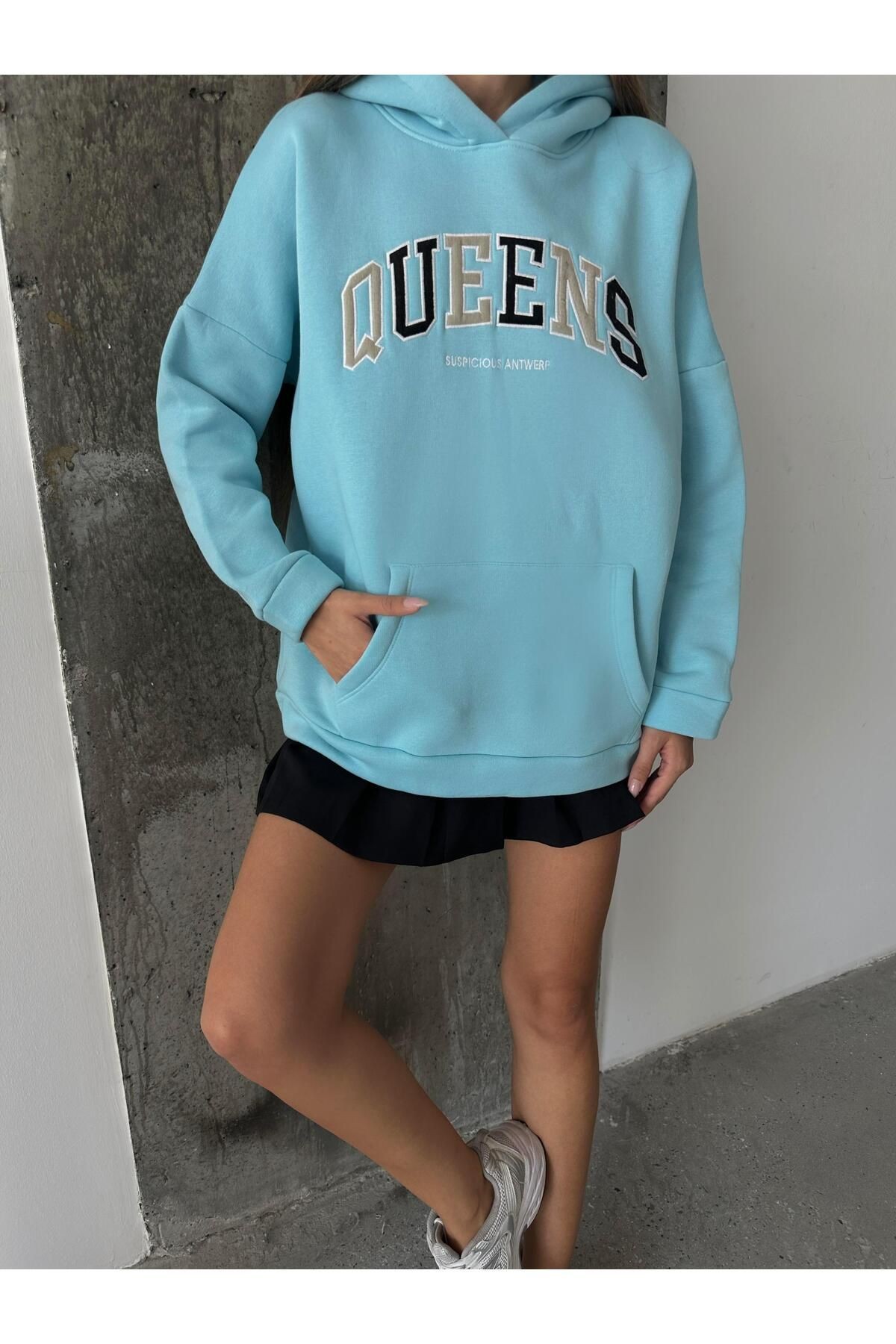 Queens Üç İplik Kapüşonlu Oversize Sweat Mavi