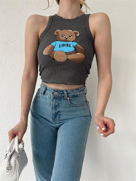 Bear Halter Yaka Fitilli Crop Antrasit