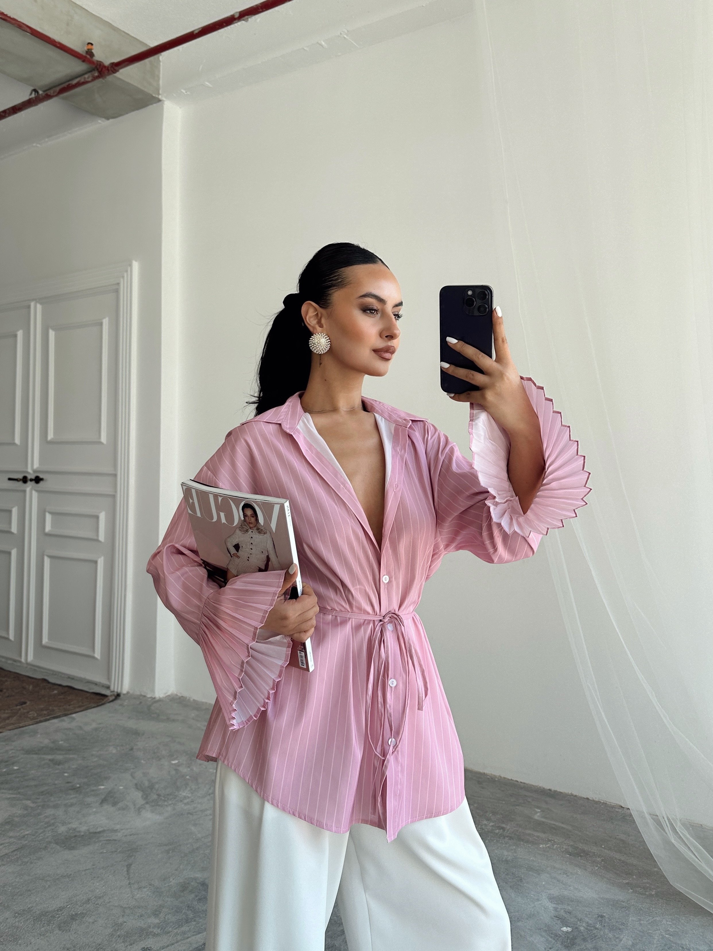 Kolu Piliseli Çizgili Gömlek - Pembe