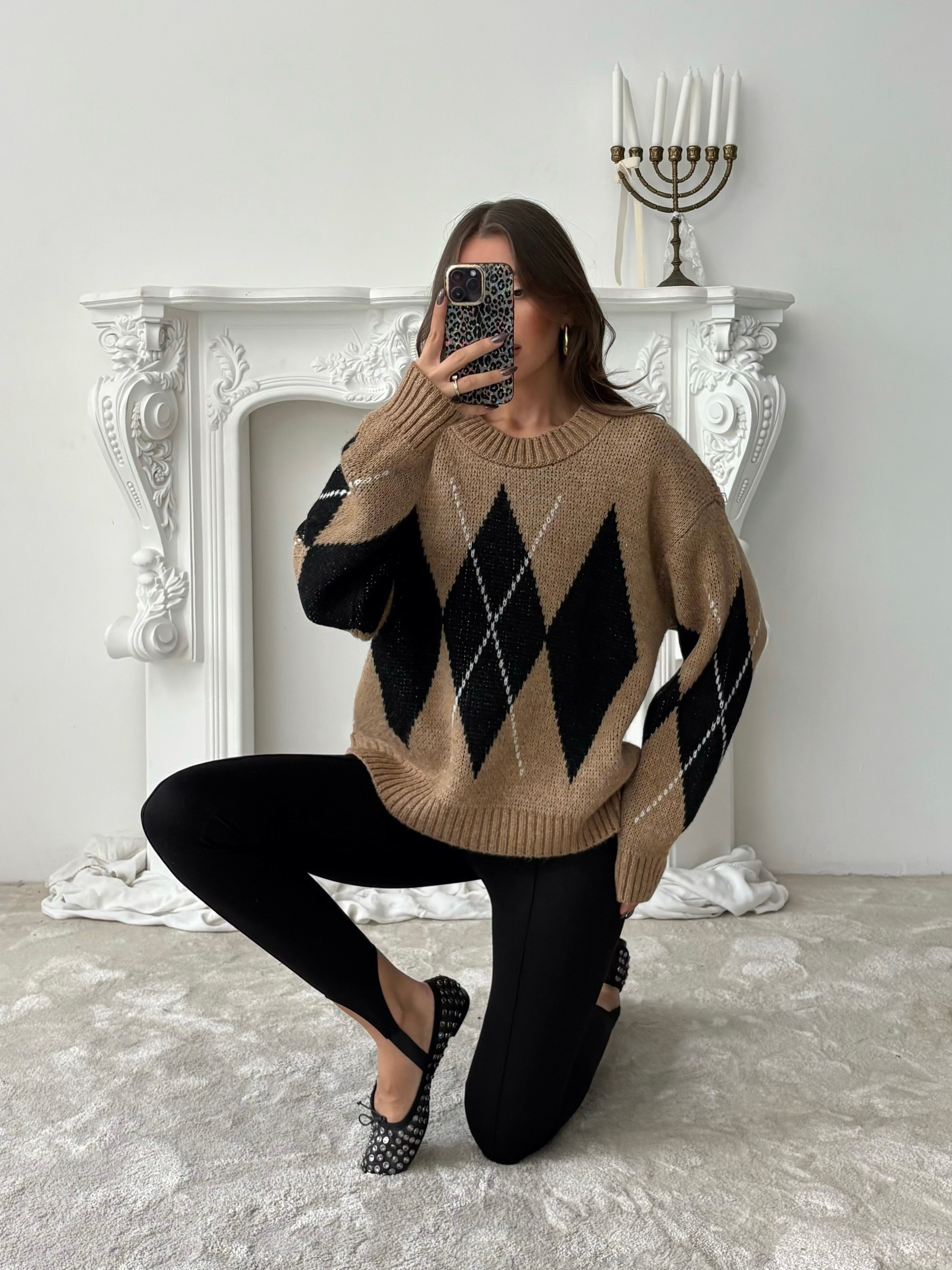 Oversize Baklava Desenli Kazak - Taba
