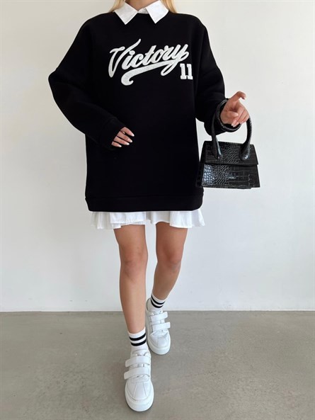 Victory Süzene Nakış Oversize Sweatshirt Siyah