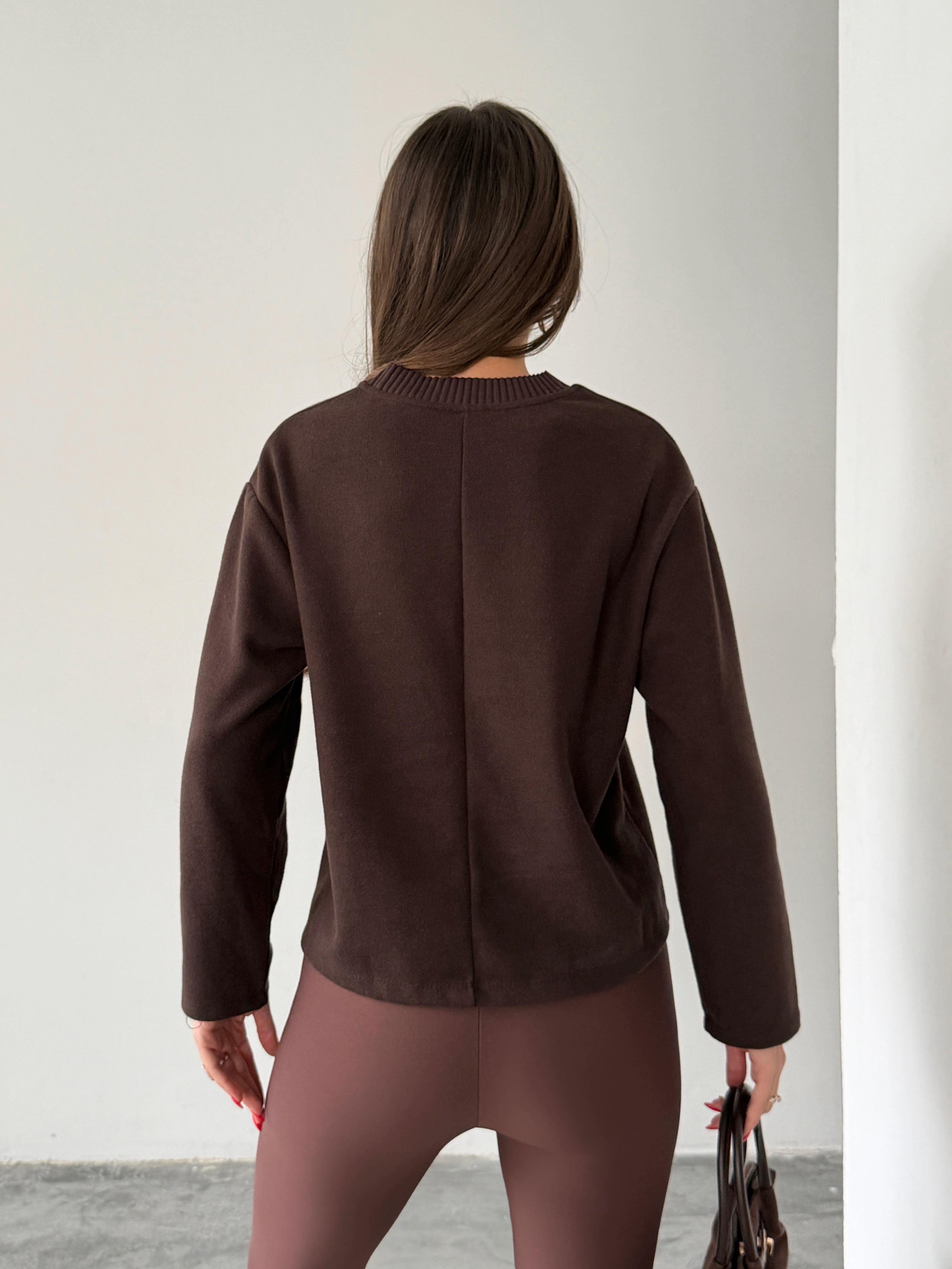 Yaka Ribana Detay Sweat - Kahve