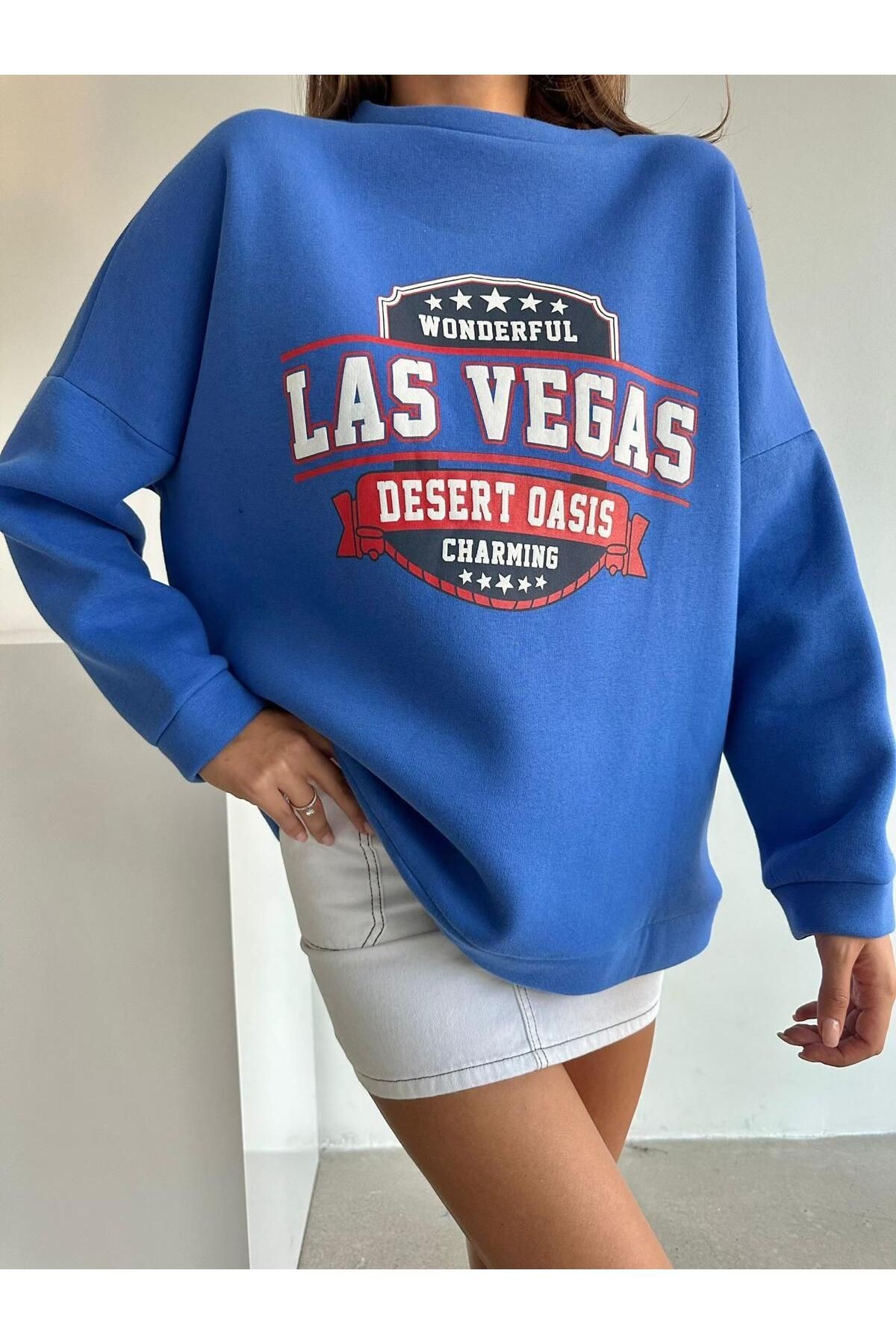 Las Vegas Üç İplik Oversize Sweat Saks Mavi