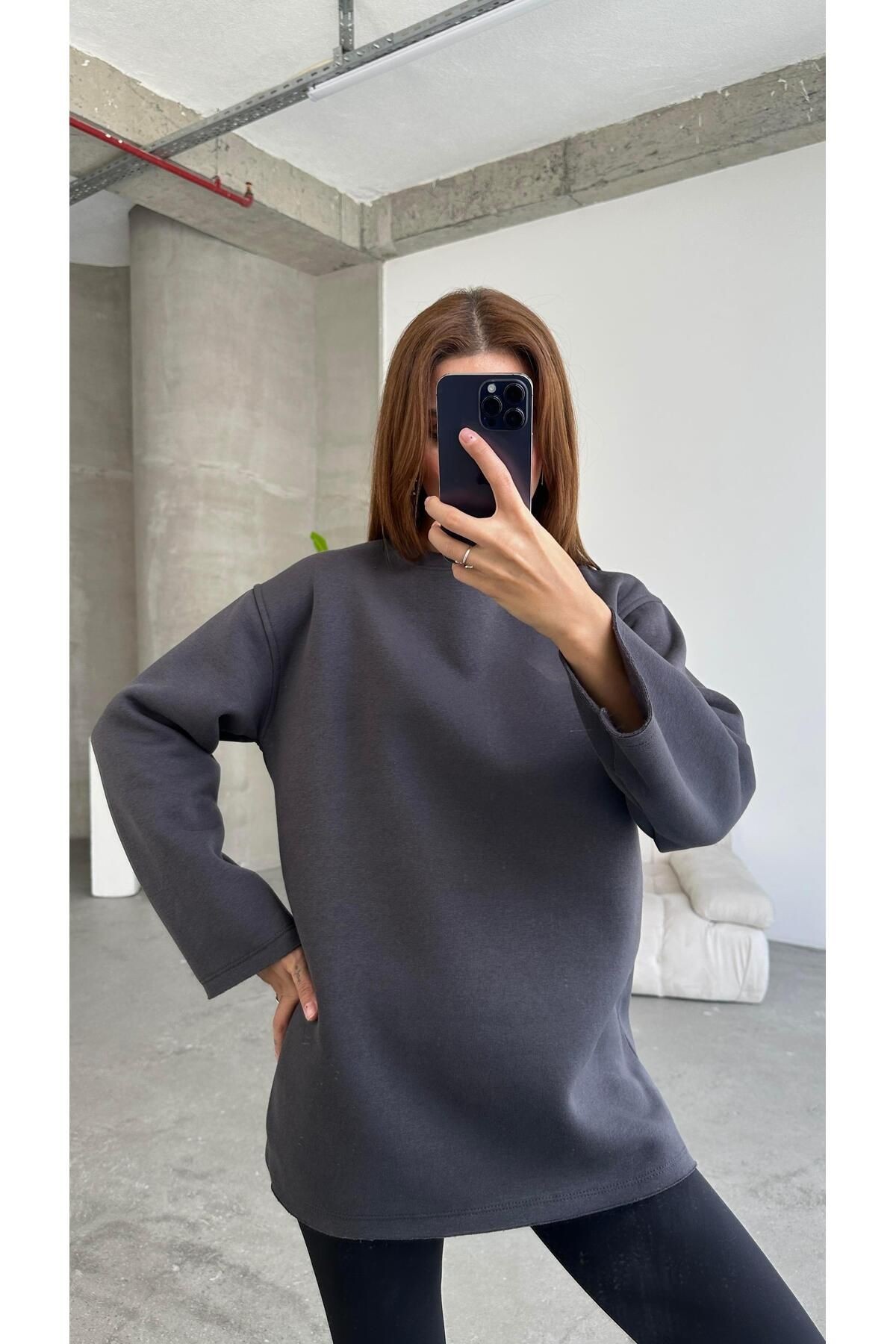 Şardonlu Basic Sweatshırt Füme