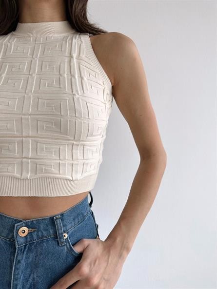 Labirent Desen Halter Triko Crop Krem