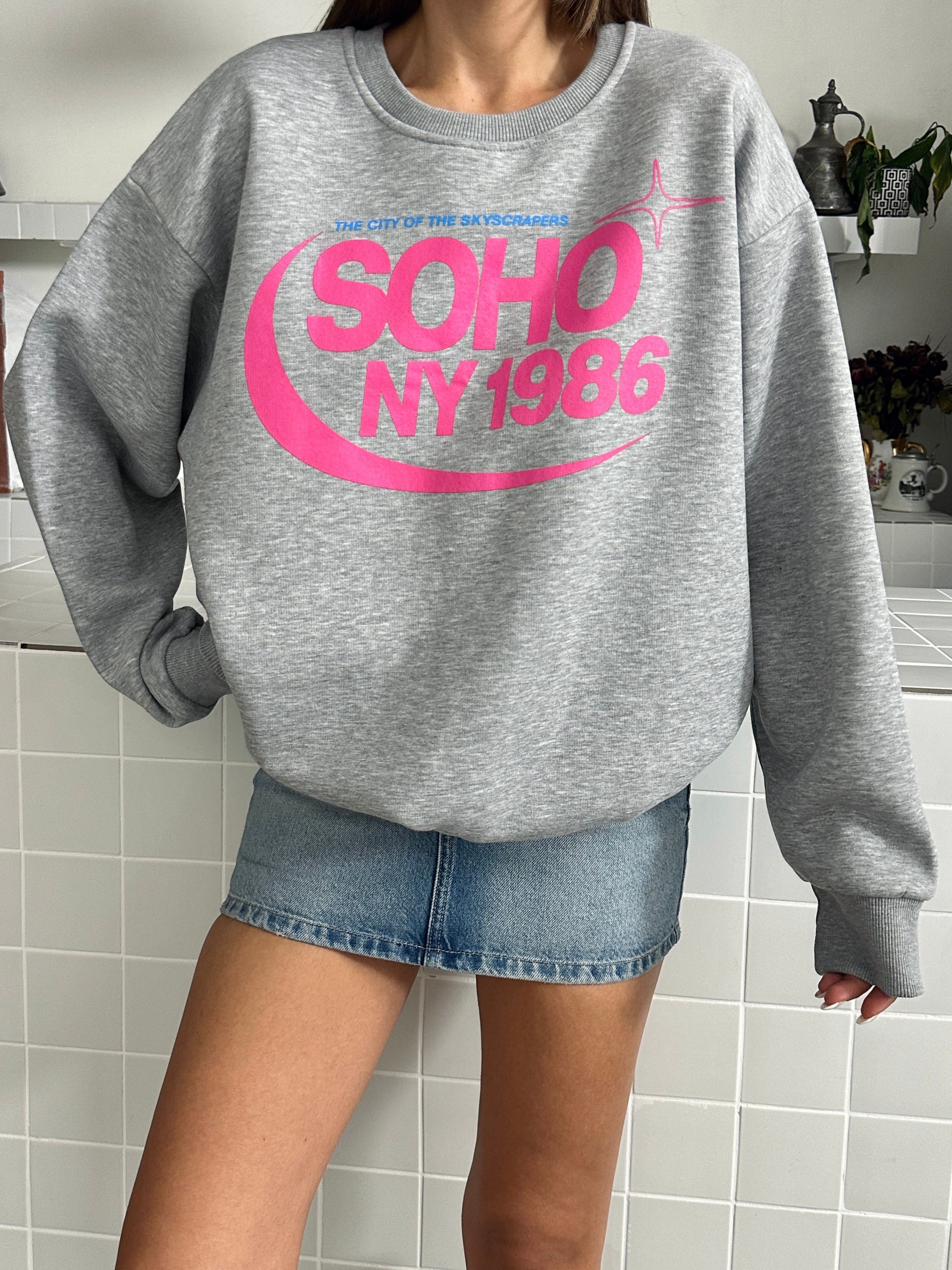 Soho Baskı Bisiklet Yaka Sweat Gri