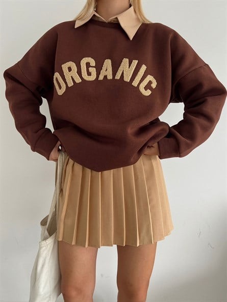 Organic Süzene Nakış Oversize Sweatshirt Kahverengi