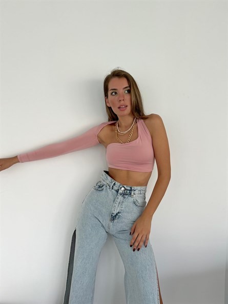 Tek Kol Detay Sandy Crop Pudra Pembe