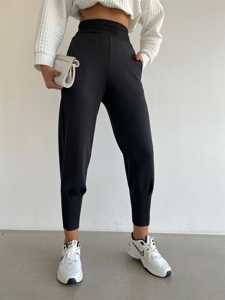 Bel Lastik Pliseli Scuba Jogger Eşofman Siyah