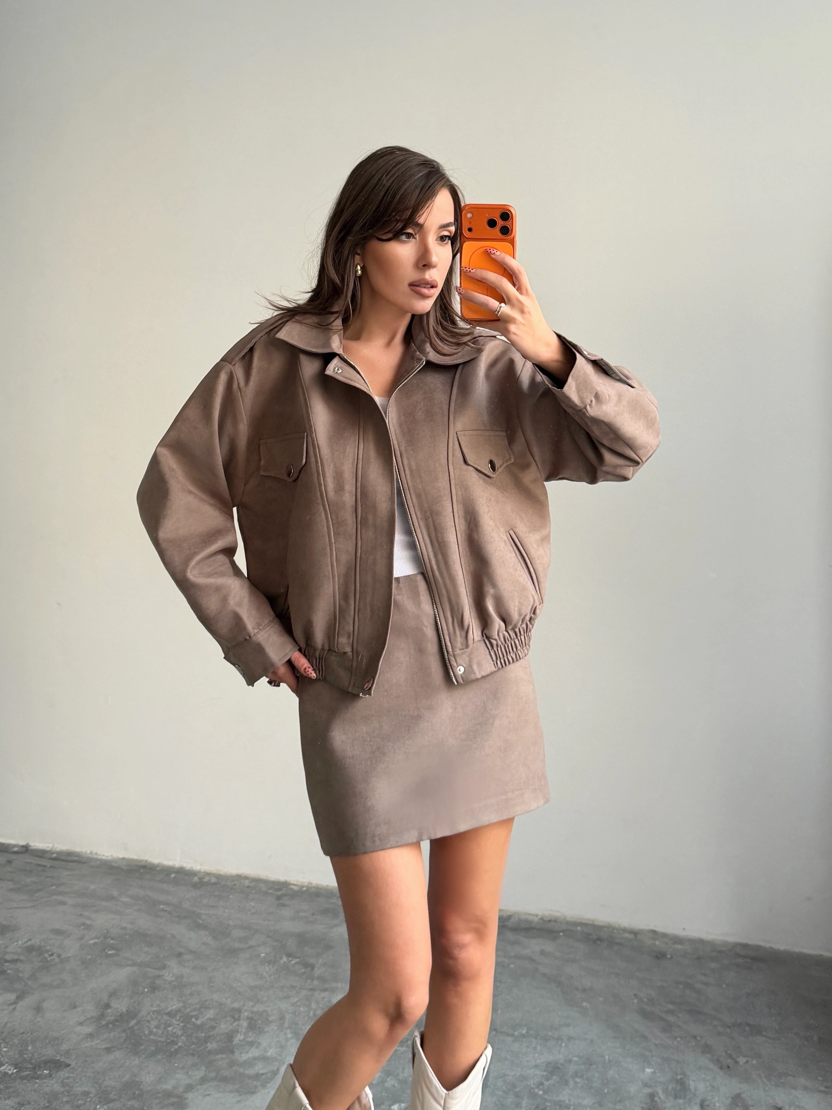 Süet Etek Ceket Takım  - Vizon