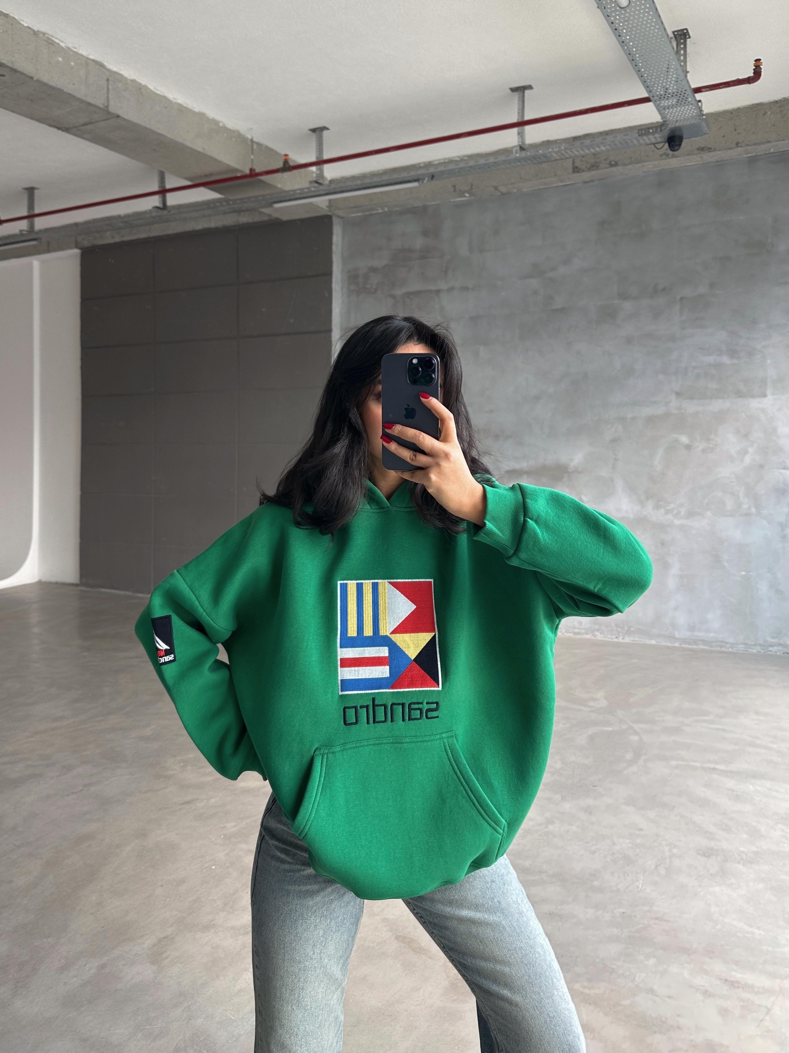 Sandro Kabartma İşleme Oversize 3 İplik Sweatshirt Yeşil