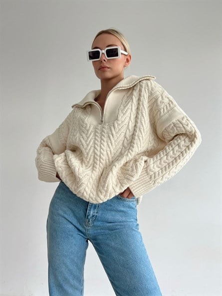 Fermuar Yaka Örgü Oversize Kazak Beyaz