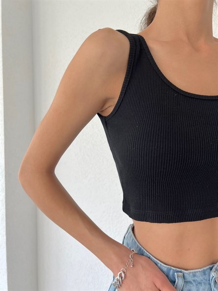 Kalın Askı Basic Crop Top Siyah