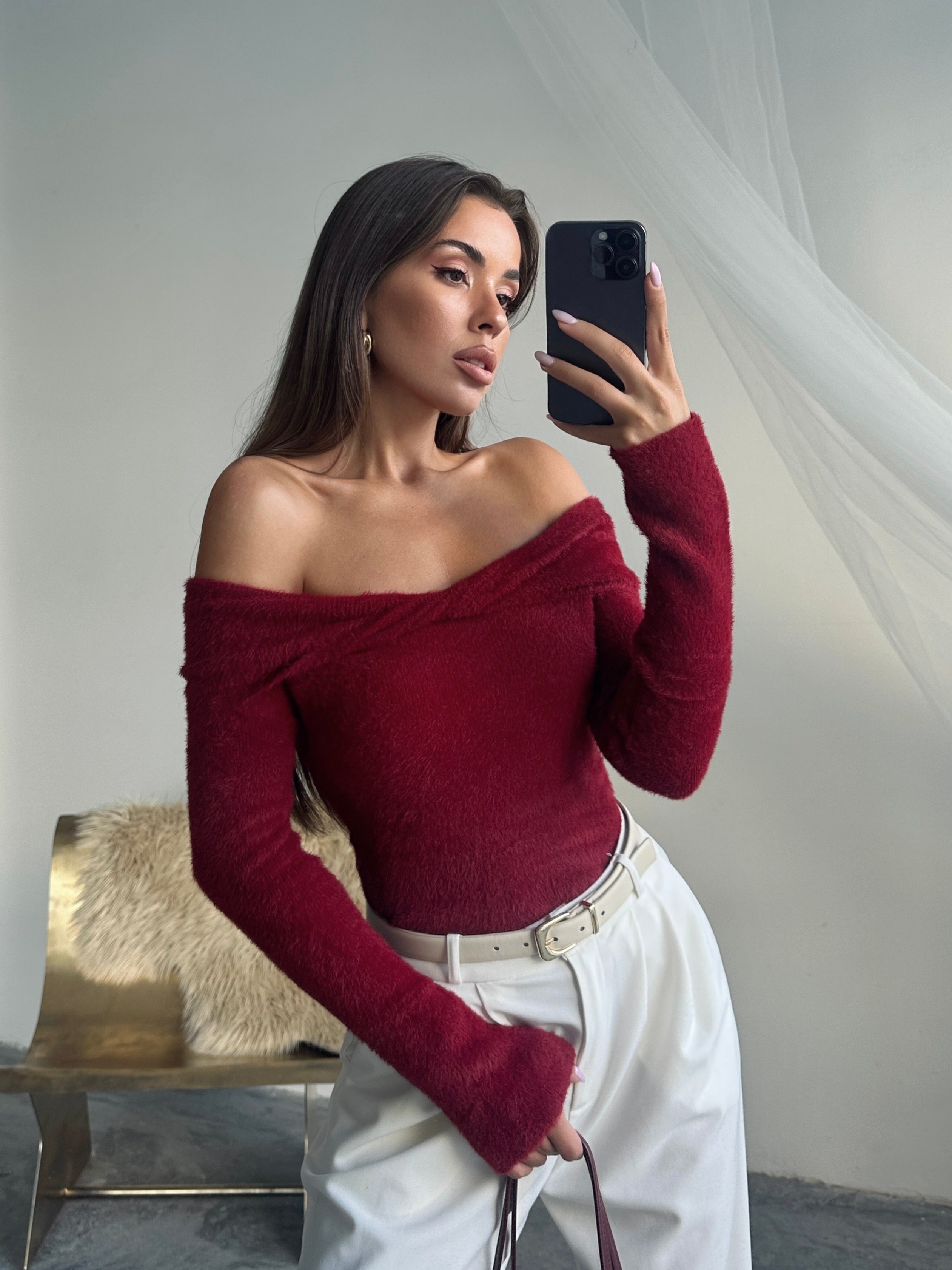 Açık Omuz Peluş Kazak - Bordo
