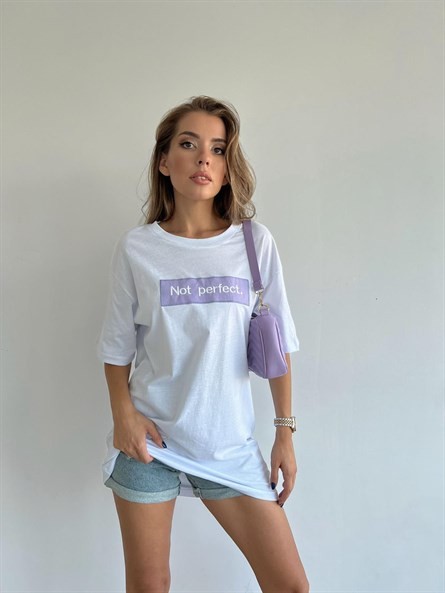 Not Perfect İşleme Oversize Basic Beyaz-Lila