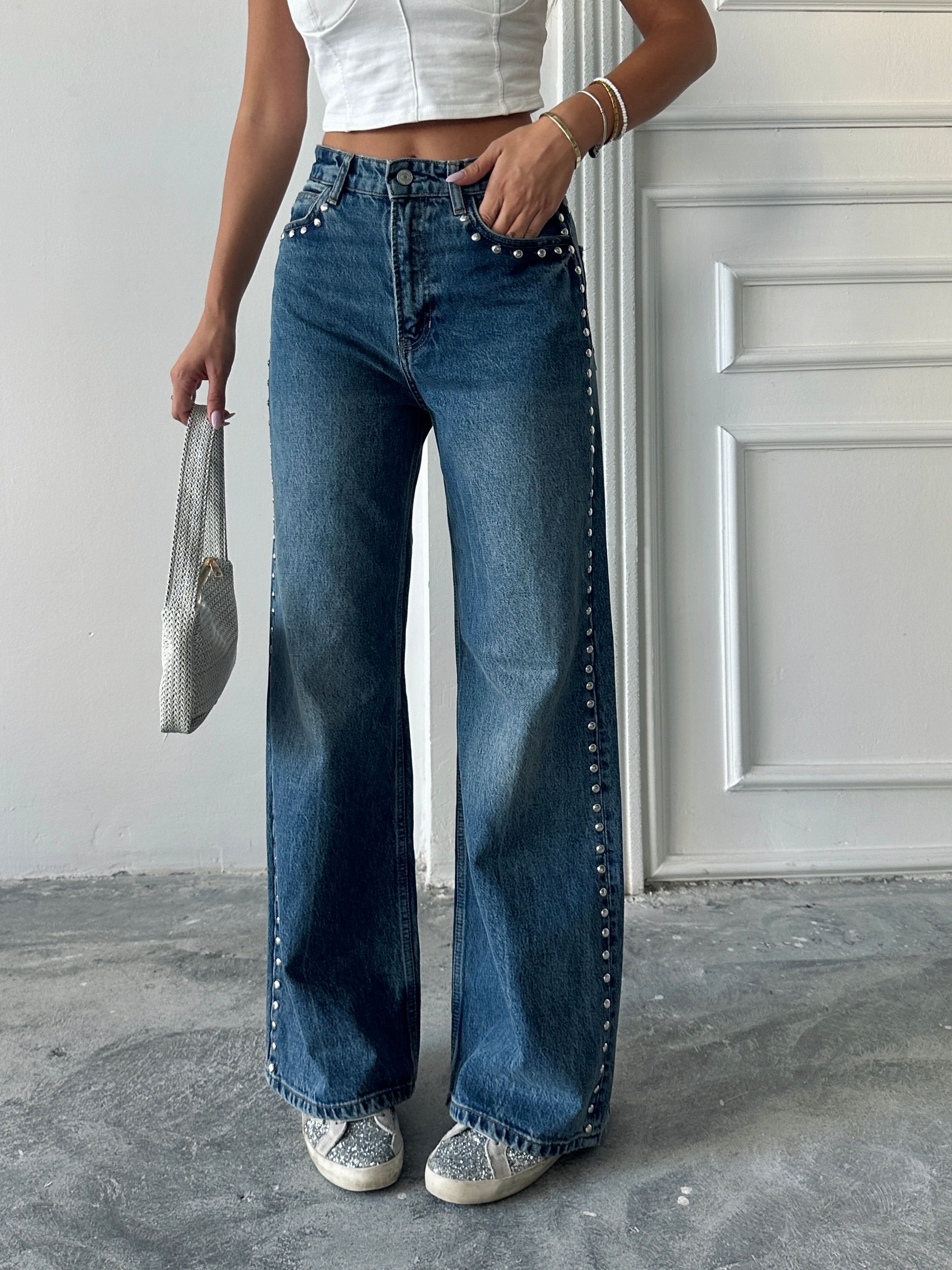 Zımba Detaylı Denim Palazzo  - Mavi