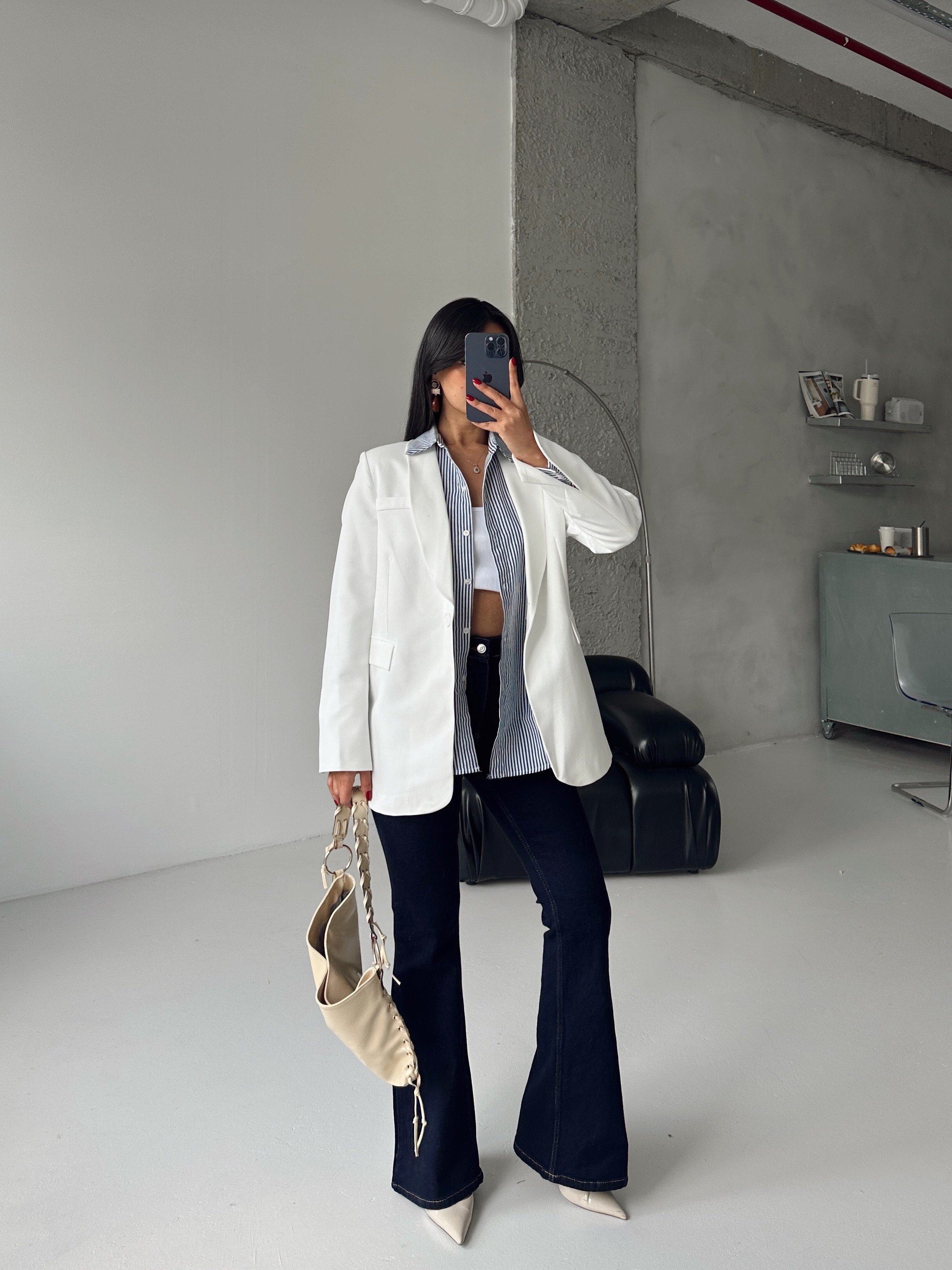Kol Yırtmaç Blazer Ceket Beyaz