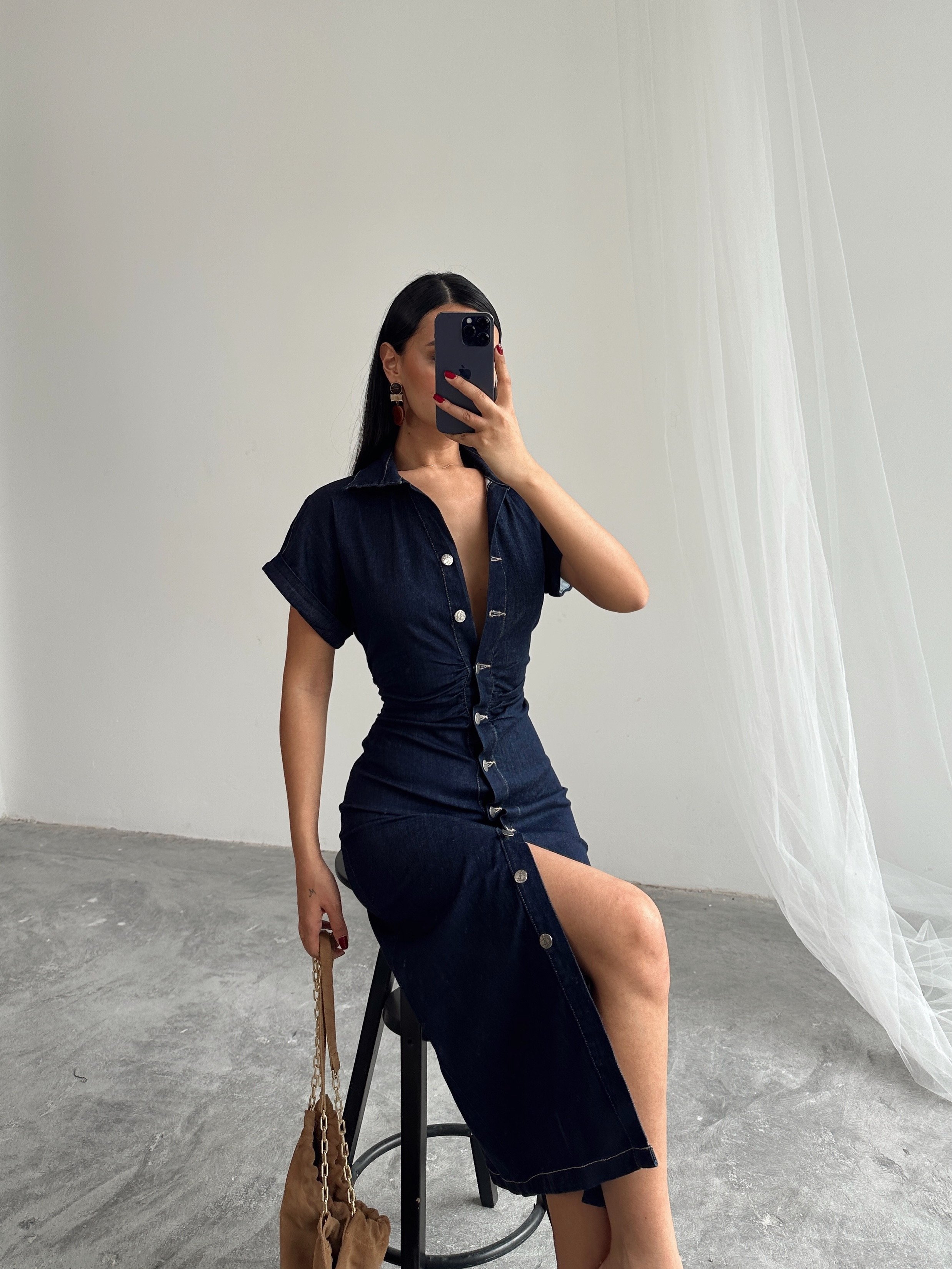 Düğme Detaylı Denim Elbise  - Lacivert