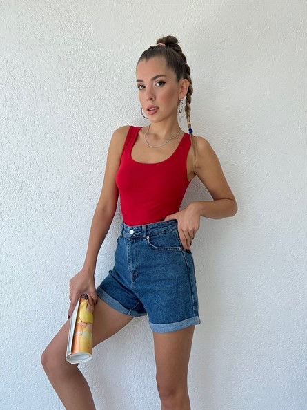 Kare Yaka Basic Bluz Kırmızı
