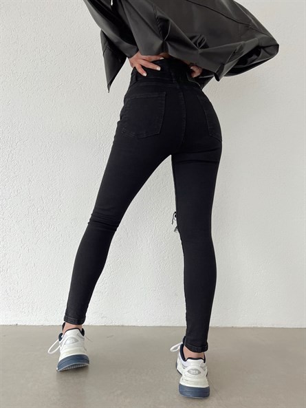 Multi Düğme Yırtık Skinny Jean Siyah