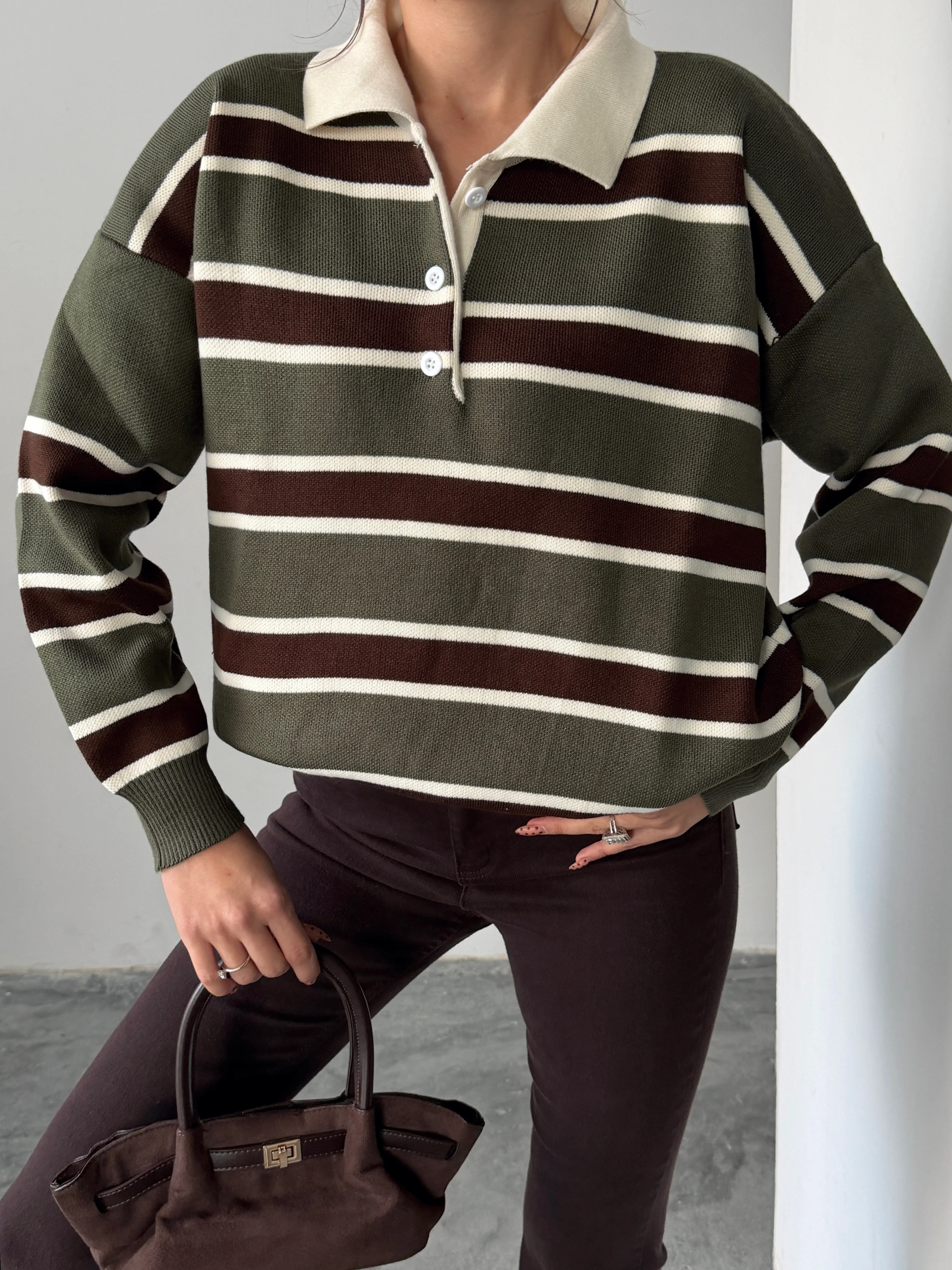Polo Yaka Çizgili Triko - haki-kahve