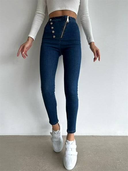 Asimetrik Düğme Detay Likralı Skinny Jean Lacivert