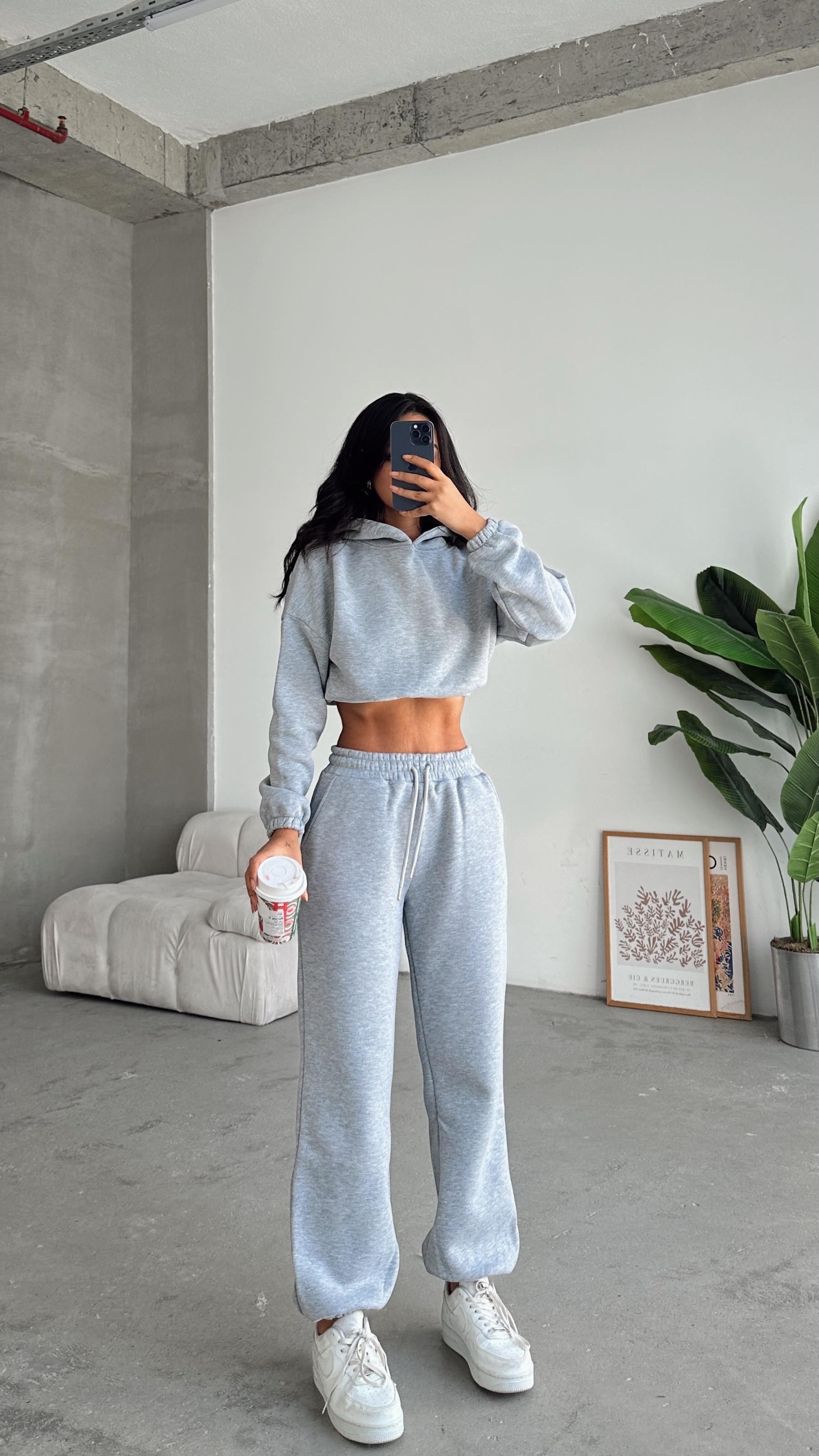 Kapüşonlu Crop Sweat Jogger Eşofman Takım Gri